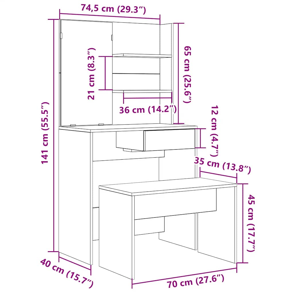 vidaXL Juego de tocador de madera de ingeniería de roble artesanal