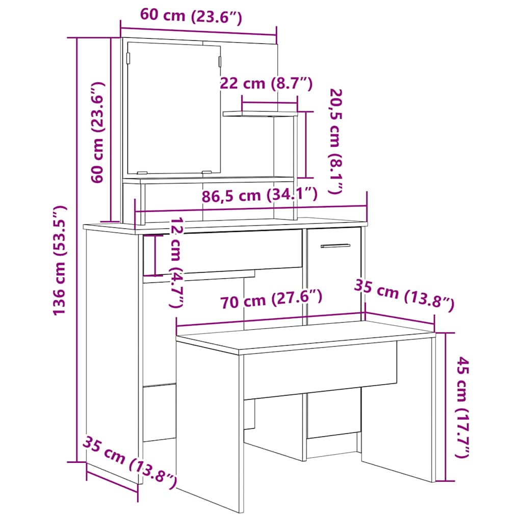 vidaXL Juego de tocador de madera de ingeniería de roble artesanal