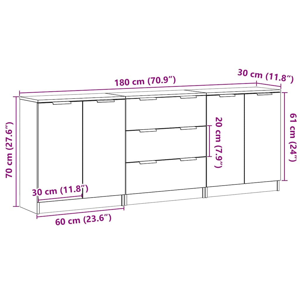 vidaXL Aparadors 3 uds madera de ingeniería envejecida 60x30x70 cm