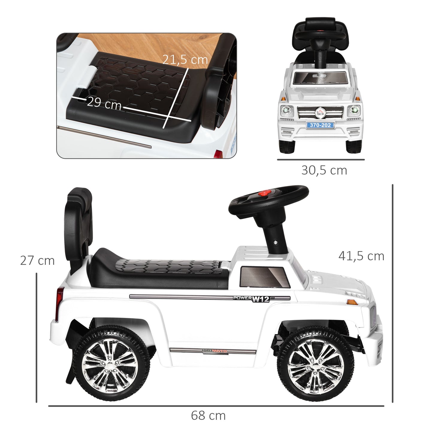 HOMCOM Coche Correpasillos para Bebé de 18-36 Meses Coche sin Pedales con Faros Música Bocina Compartimento de Almacenaje y Respaldo Alto 68x30,5x41,5 cm Blanco