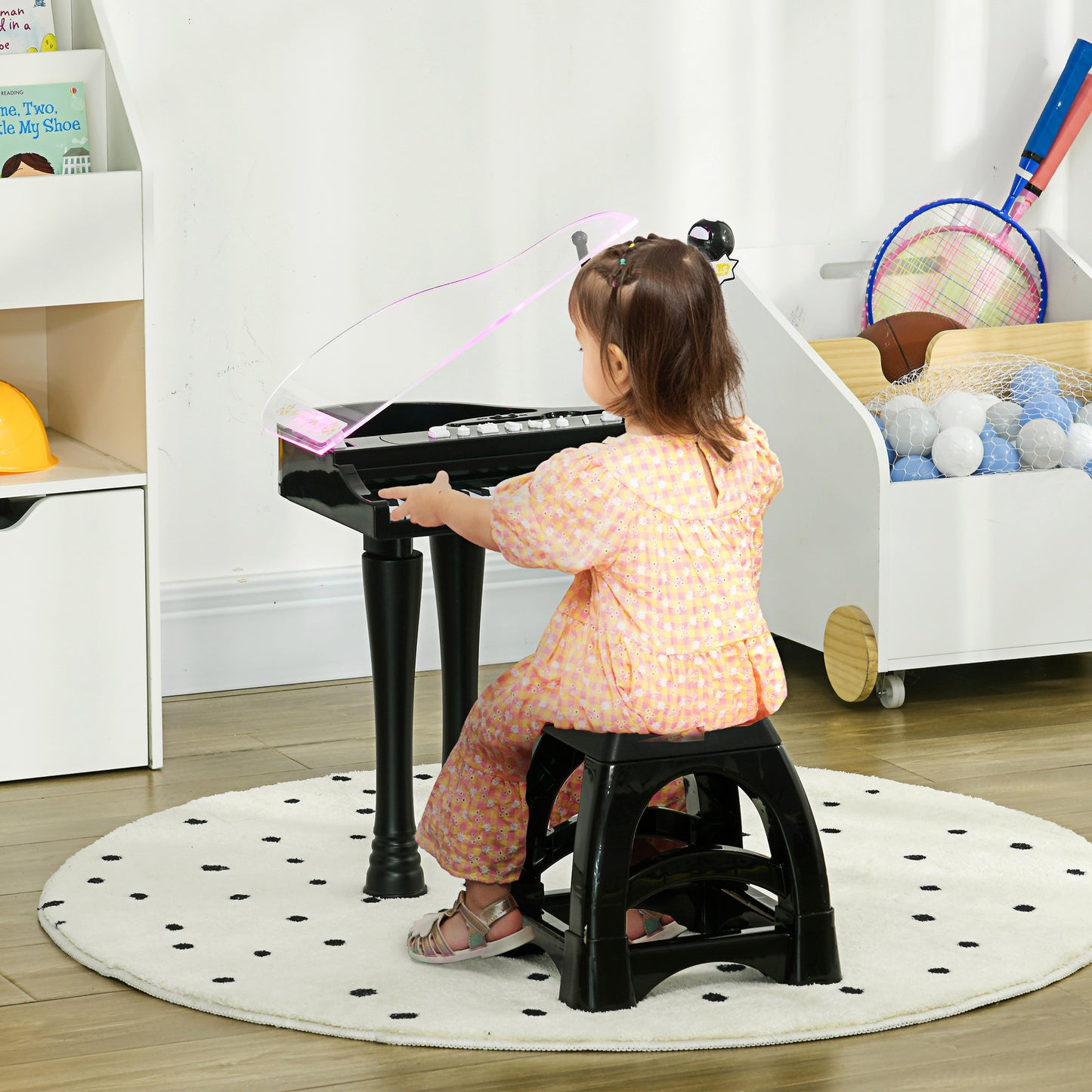 AIYAPLAY Piano Electrónico Infantil de 32 Teclas Juego de Piano con Micrófono Taburete Luces 22 Canciones 4 Sonidos Patas Desmontables y Volumen Ajustable 37x30,5x60,4 cm Negro