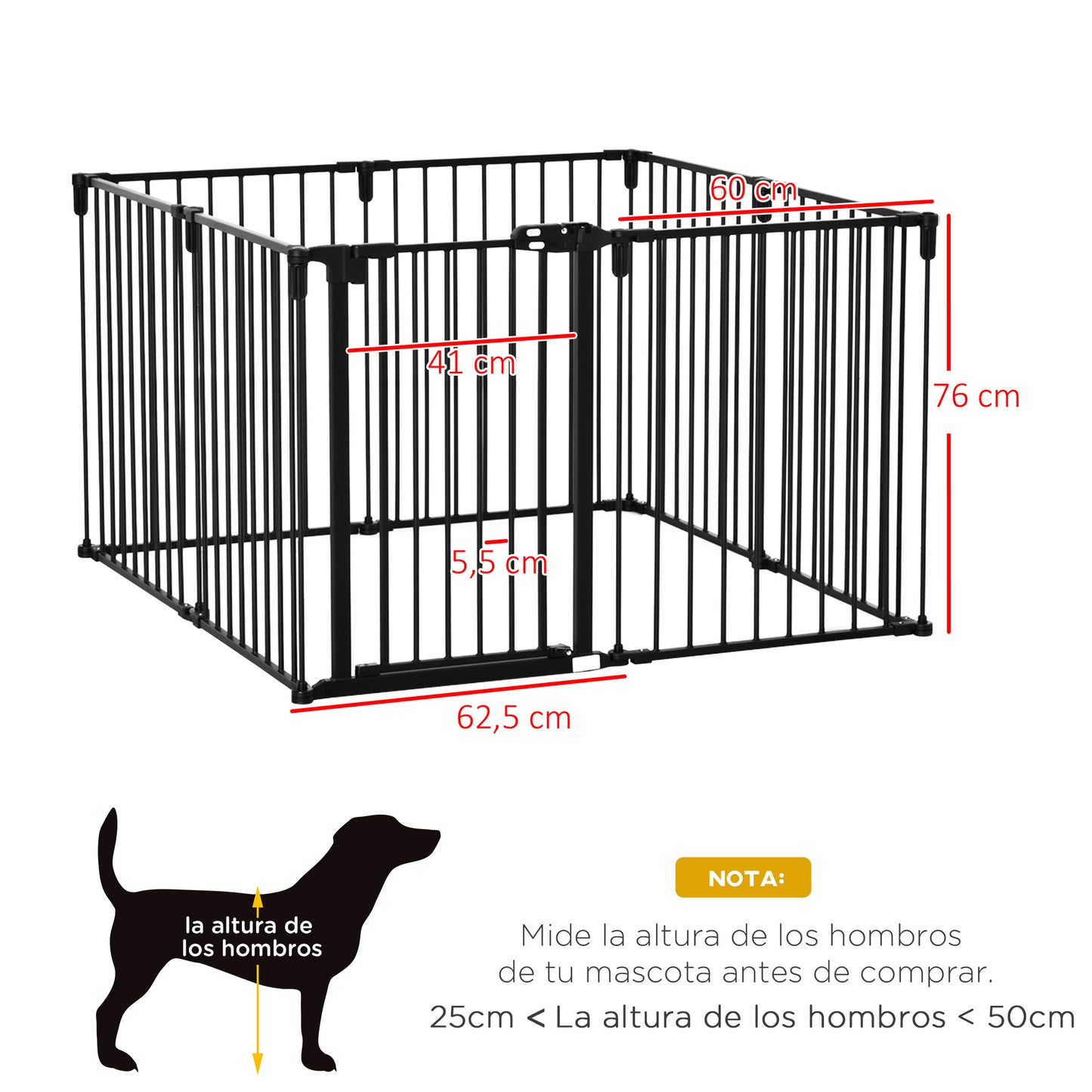 PawHut Parque para Perros 8 Vallas 60x76 cm Corral Plegable para Cachorros con Puerta y Doble Cerradura Paneles Metálicos de Bricolaje para Pasillos Escaleras Negro