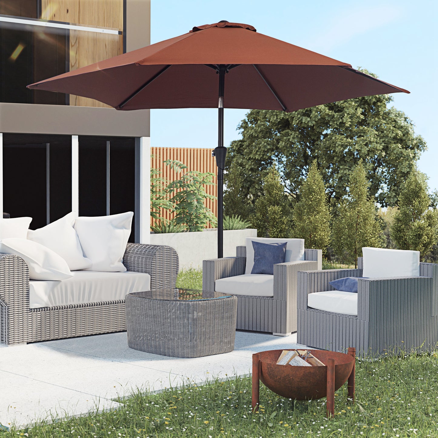 Outsunny Sombrilla para Jardín Ø260x235 cm Parasol de Aluminio Reclinable con Manivela y 6 Varillas de Metal para Terraza Exterior Balcón Café