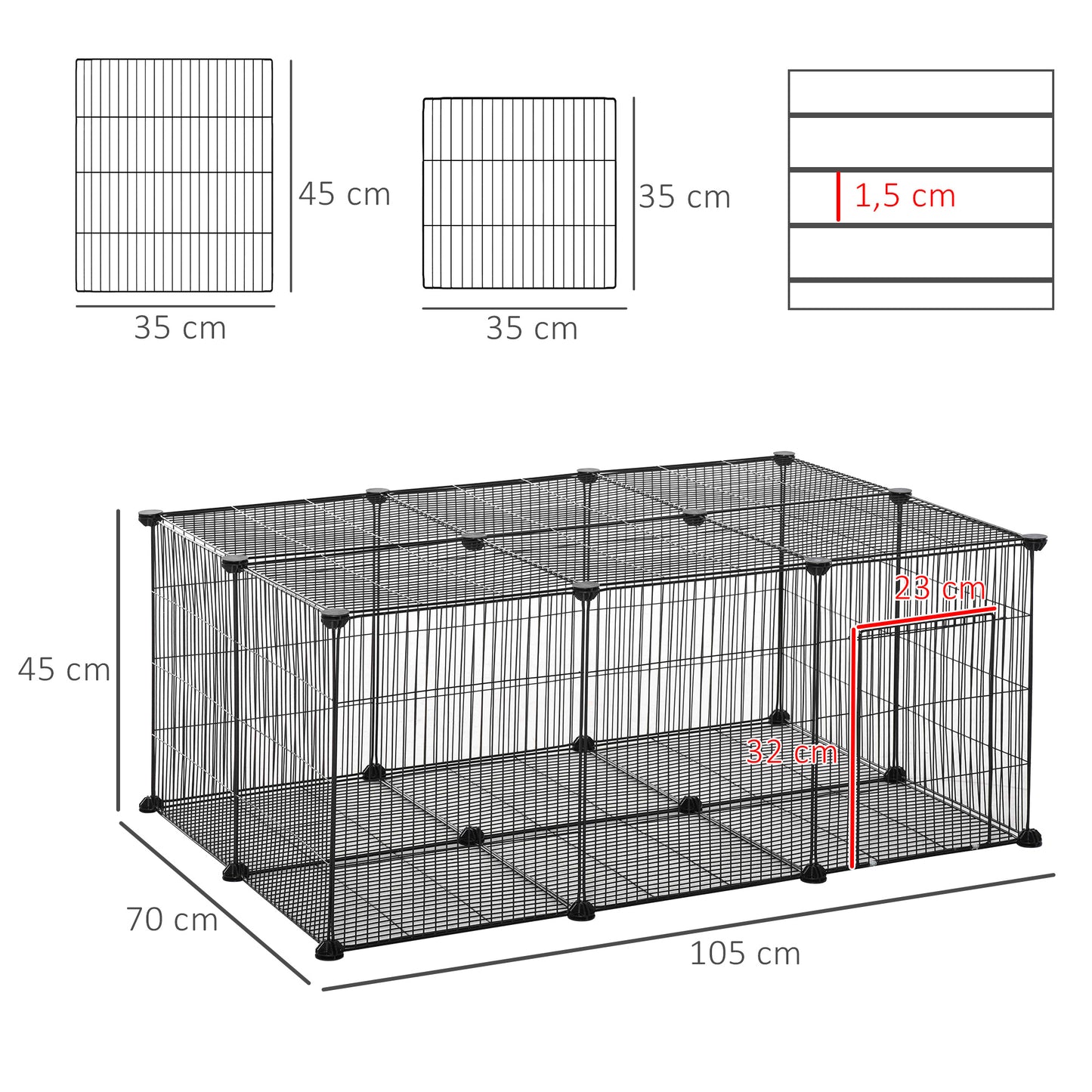 PawHut Parque para Mascotas DIY Jaula para Animales Pequeños de 22 Paneles de Malla Metálica con Puerta Conejos Cobaya 105x70x45 cm Negro