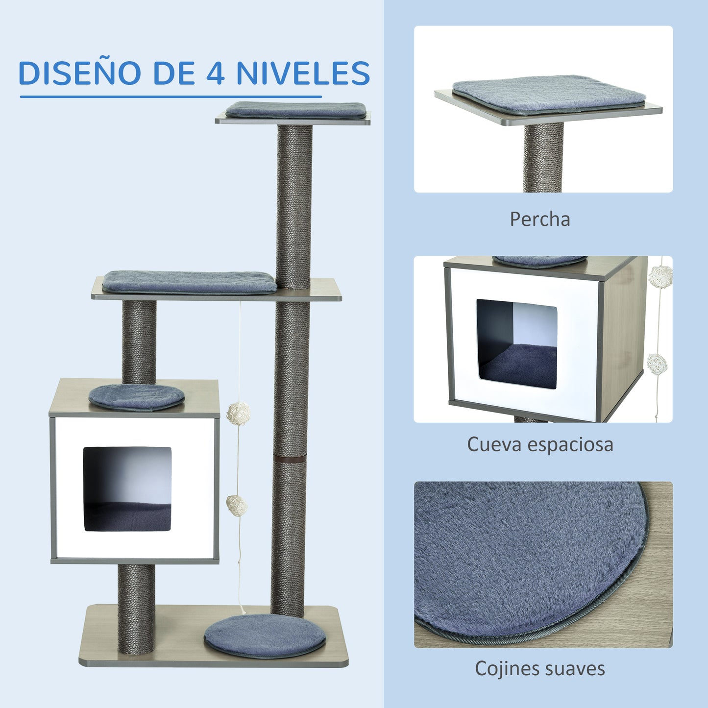 PawHut Árbol Rascador para Gatos de Madera 71,5x49,5x120 cm Torre de Gato con Cueva Plataformas Postes Rascadores de Sisal Cojines de Felpa Suave y Bolas Colgantes Gris