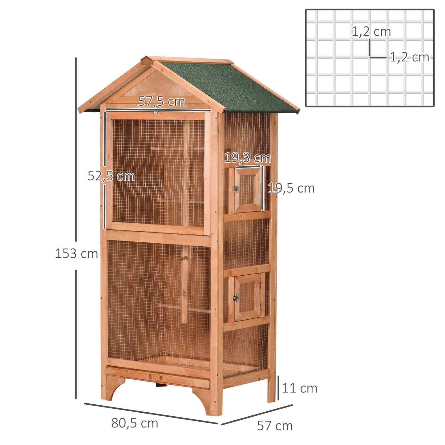 PawHut Jaula para Pájaros Pajarera de Madera con 3 Puertas 4 Perchas Bandeja Extraíble y Techo Asfáltico 80,5x57x153 cm Natural