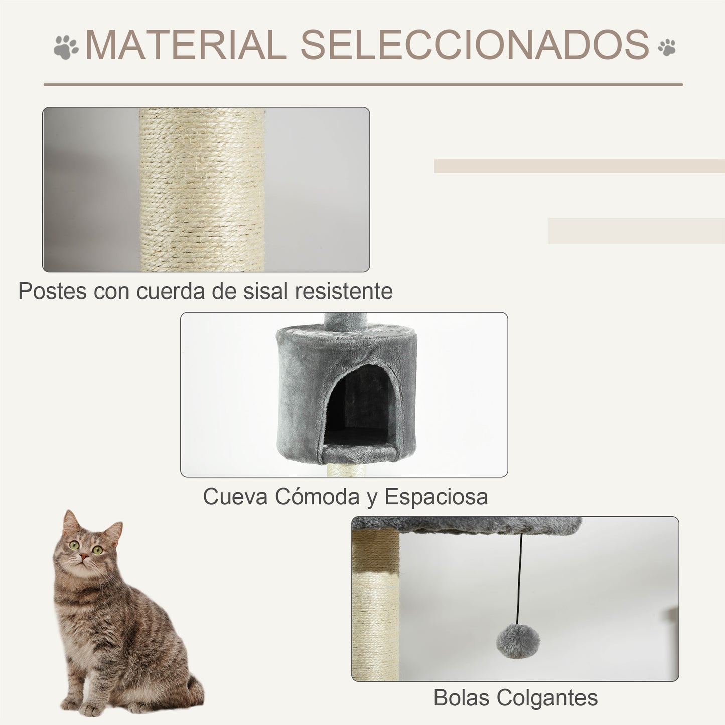 PawHut Árbol Rascador para Gatos Rascador para Fijar al Techo Altura 217 cm con Plataformas Cueva Postes de Sisal Bolas Colgantes Gris Claro