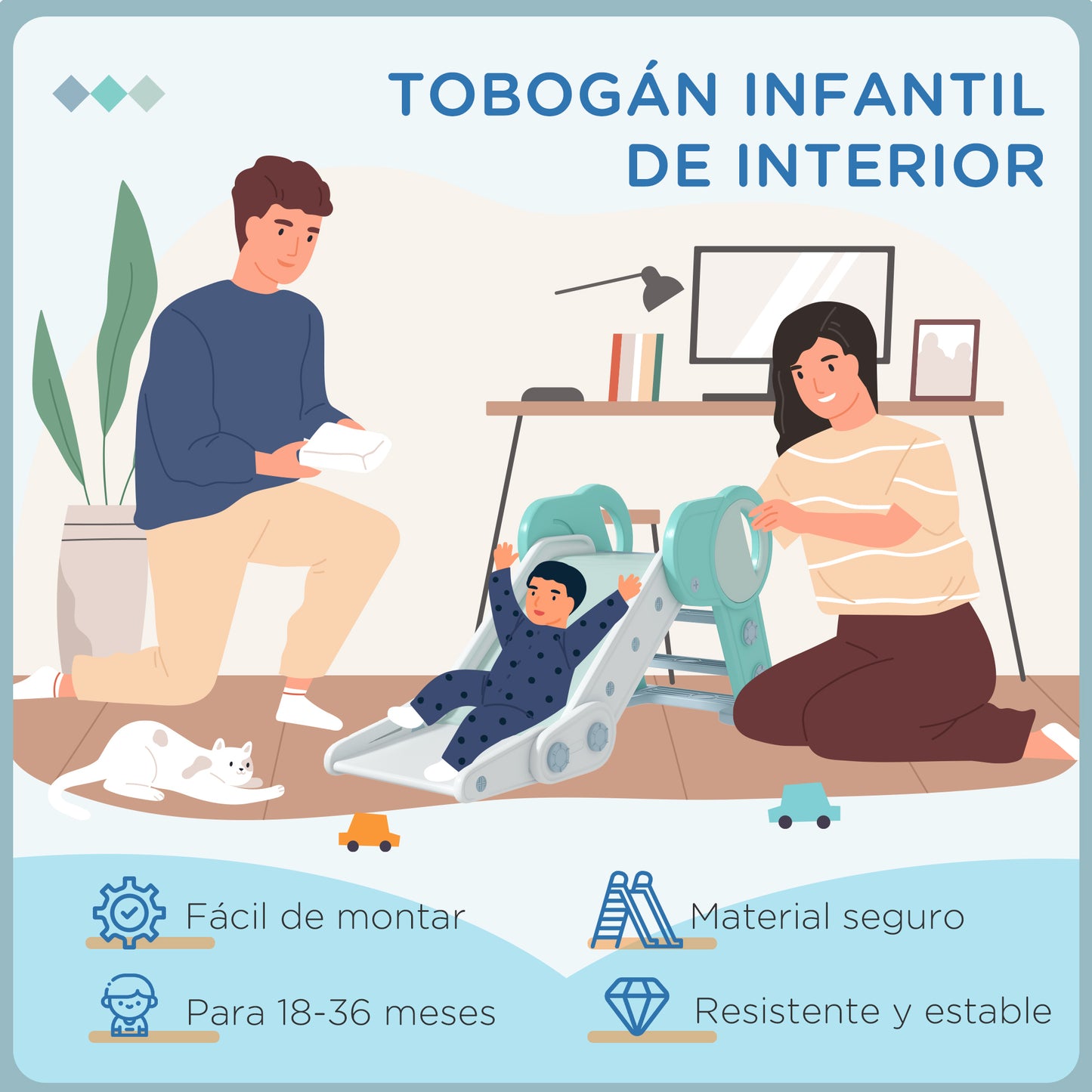 AIYAPLAY Tobogán para Niños Plegable Tobogán Infantil para Niños de 18-36 Meses con 3 Escaleras Antideslizantes para Interiores Carga 30 kg 120x53x53 cm Verde