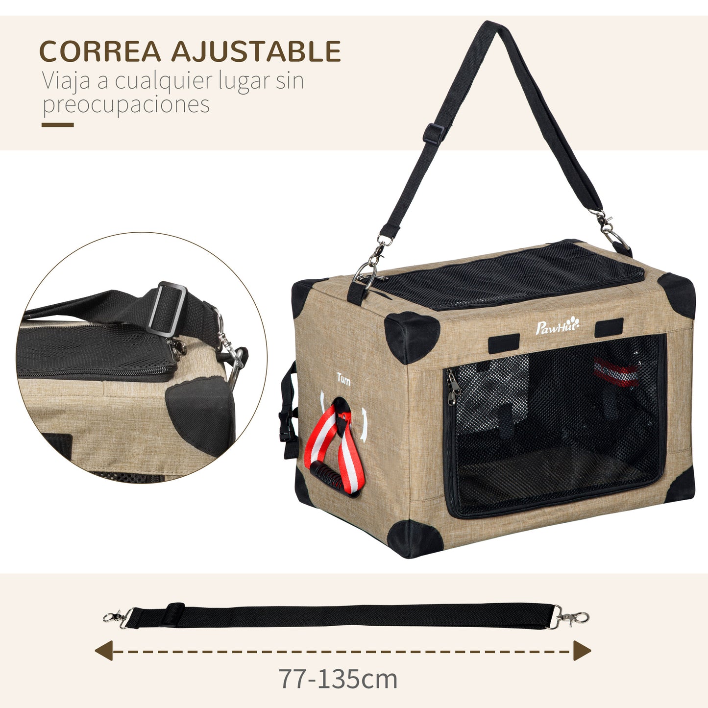 PawHut Transportín Mochila para Gatos Perros Pequeños Bolsa de Transporte para Mascotas Plegable con Cojín Extraíble y Correa de Transporte Ajustable para Viaje 48,5x33,5x33 cm Caqui