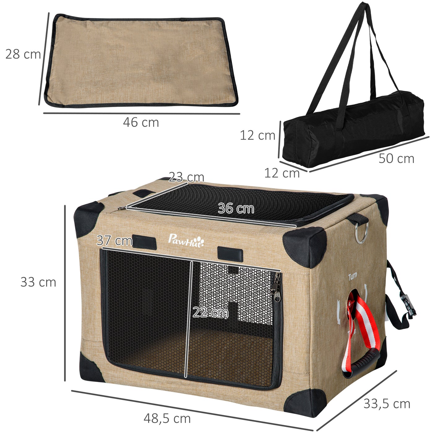 PawHut Transportín Mochila para Gatos Perros Pequeños Bolsa de Transporte para Mascotas Plegable con Cojín Extraíble y Correa de Transporte Ajustable para Viaje 48,5x33,5x33 cm Caqui