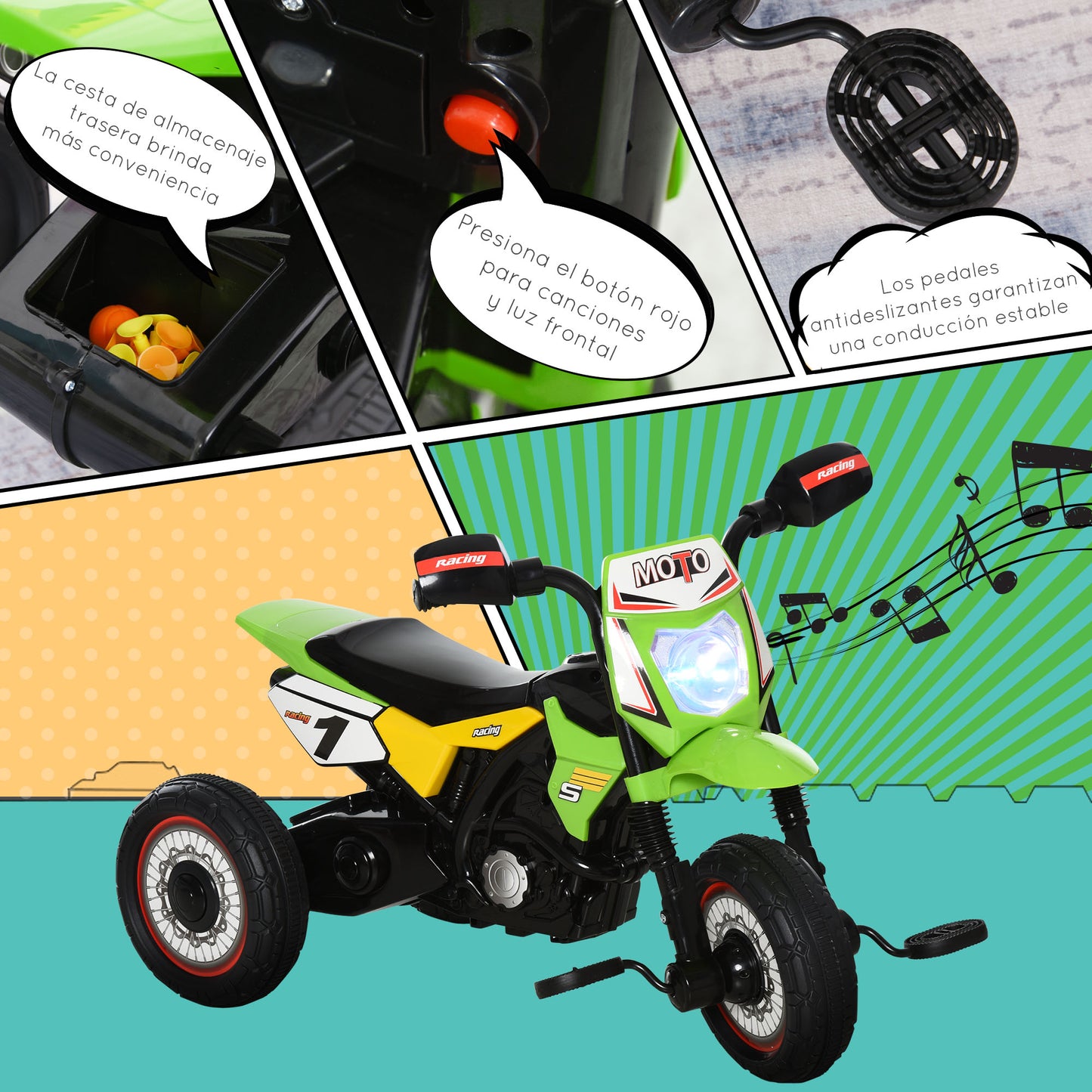 HOMCOM Moto Correpasillos para Niños de 18-36 Meses Triciclo para Niños Triciclo Infantil con 3 Ruedas Luces y Músicas Carga 20 kg 71x40x51 cm Verde