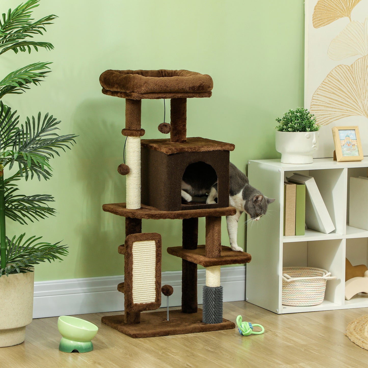 PawHut Árbol Rascador para Gatos Altura 104 cm Árbol para Gatos Torre para Gatos con Plataformas Poste con Cepillo Bolas Colgantes y Almohadilla para Rascar Marrón