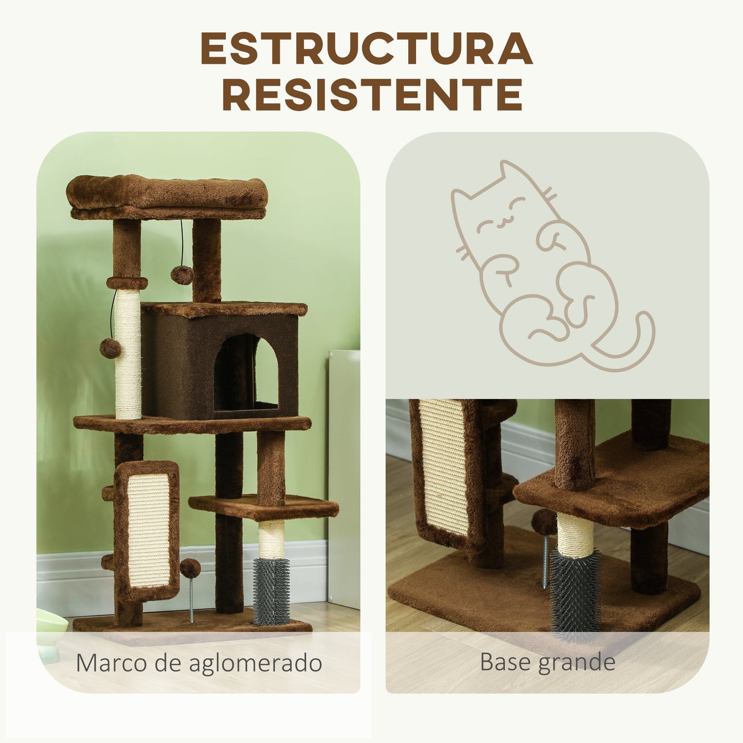 PawHut Árbol Rascador para Gatos Altura 104 cm Árbol para Gatos Torre para Gatos con Plataformas Poste con Cepillo Bolas Colgantes y Almohadilla para Rascar Marrón