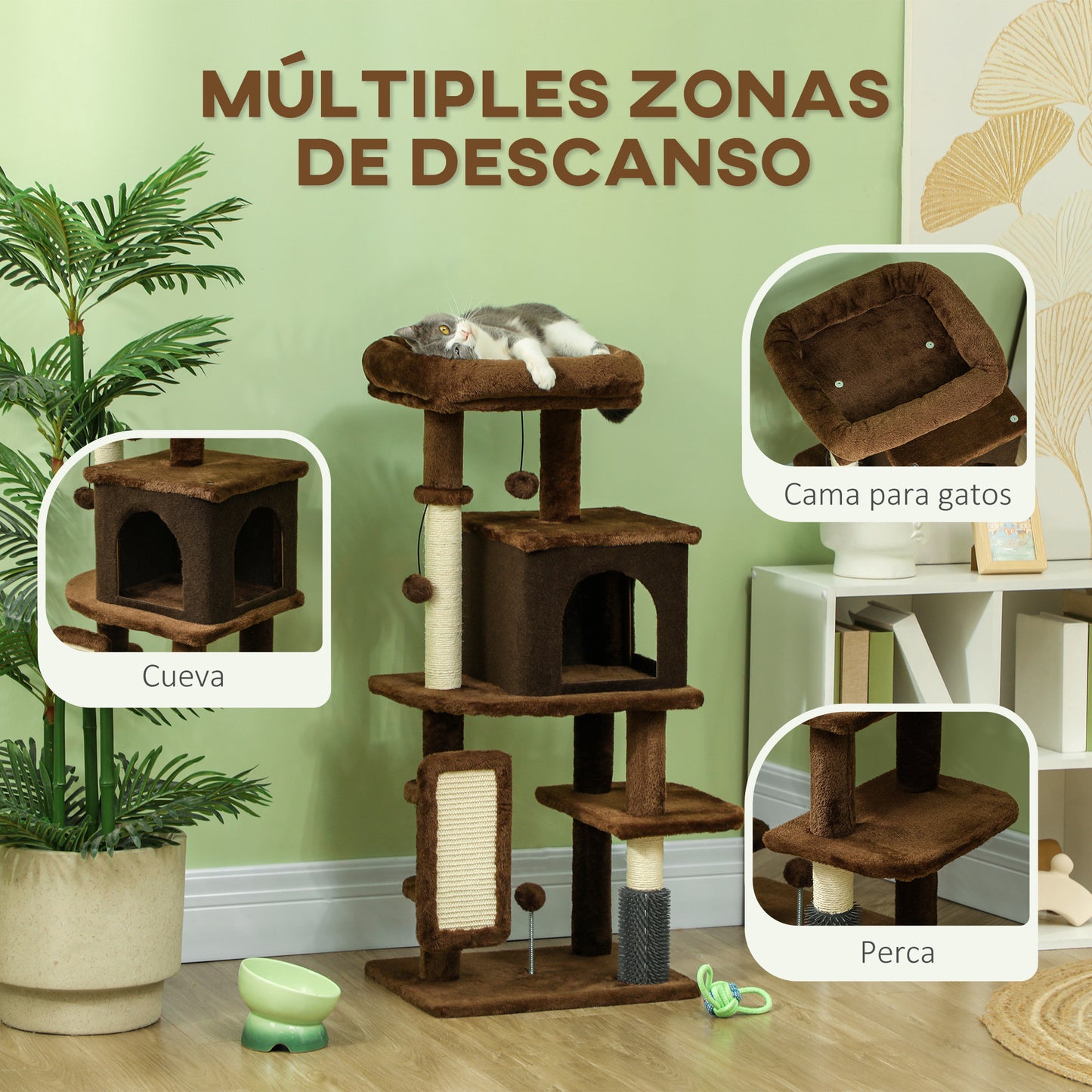 PawHut Árbol Rascador para Gatos Altura 104 cm Árbol para Gatos Torre para Gatos con Plataformas Poste con Cepillo Bolas Colgantes y Almohadilla para Rascar Marrón