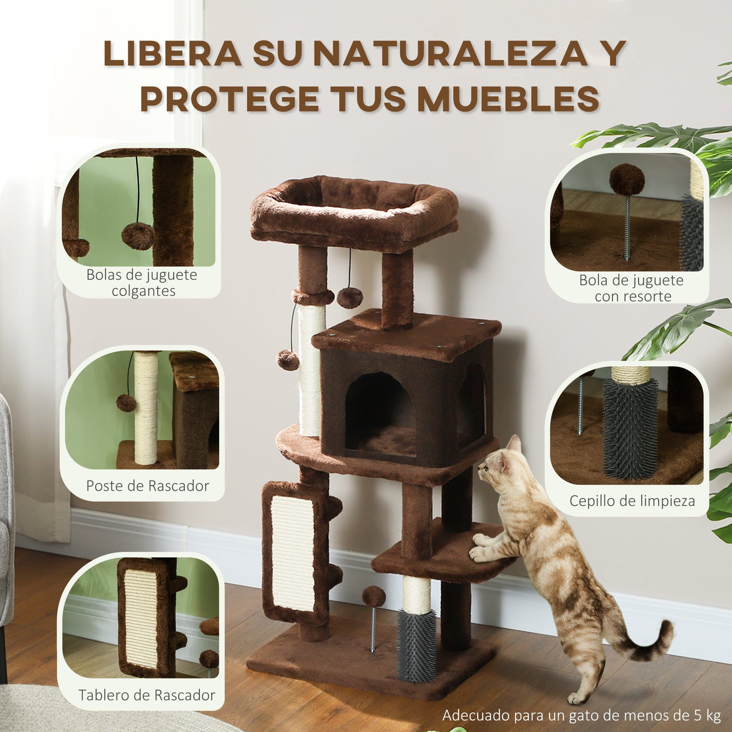 PawHut Árbol Rascador para Gatos Altura 104 cm Árbol para Gatos Torre para Gatos con Plataformas Poste con Cepillo Bolas Colgantes y Almohadilla para Rascar Marrón