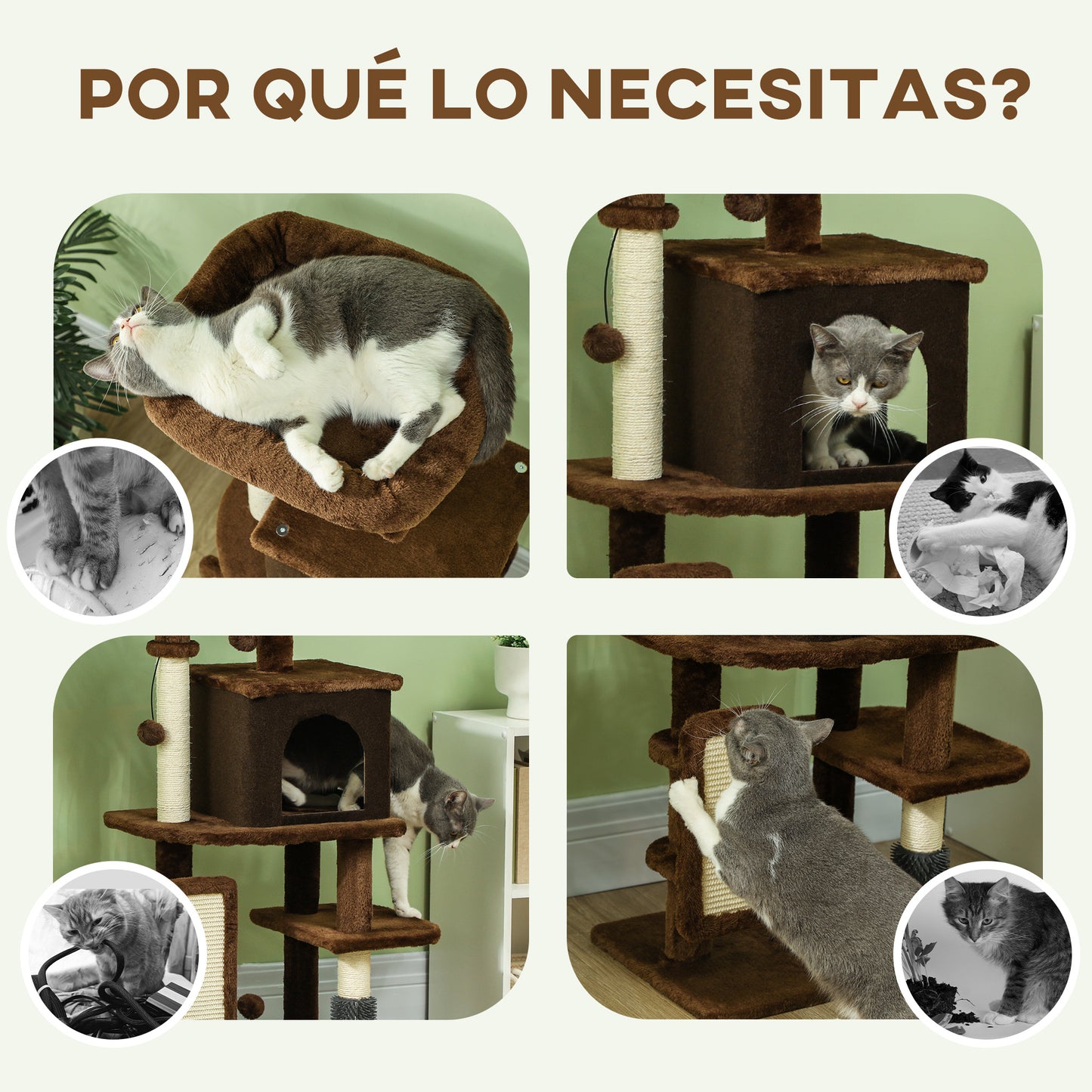 PawHut Árbol Rascador para Gatos Altura 104 cm Árbol para Gatos Torre para Gatos con Plataformas Poste con Cepillo Bolas Colgantes y Almohadilla para Rascar Marrón