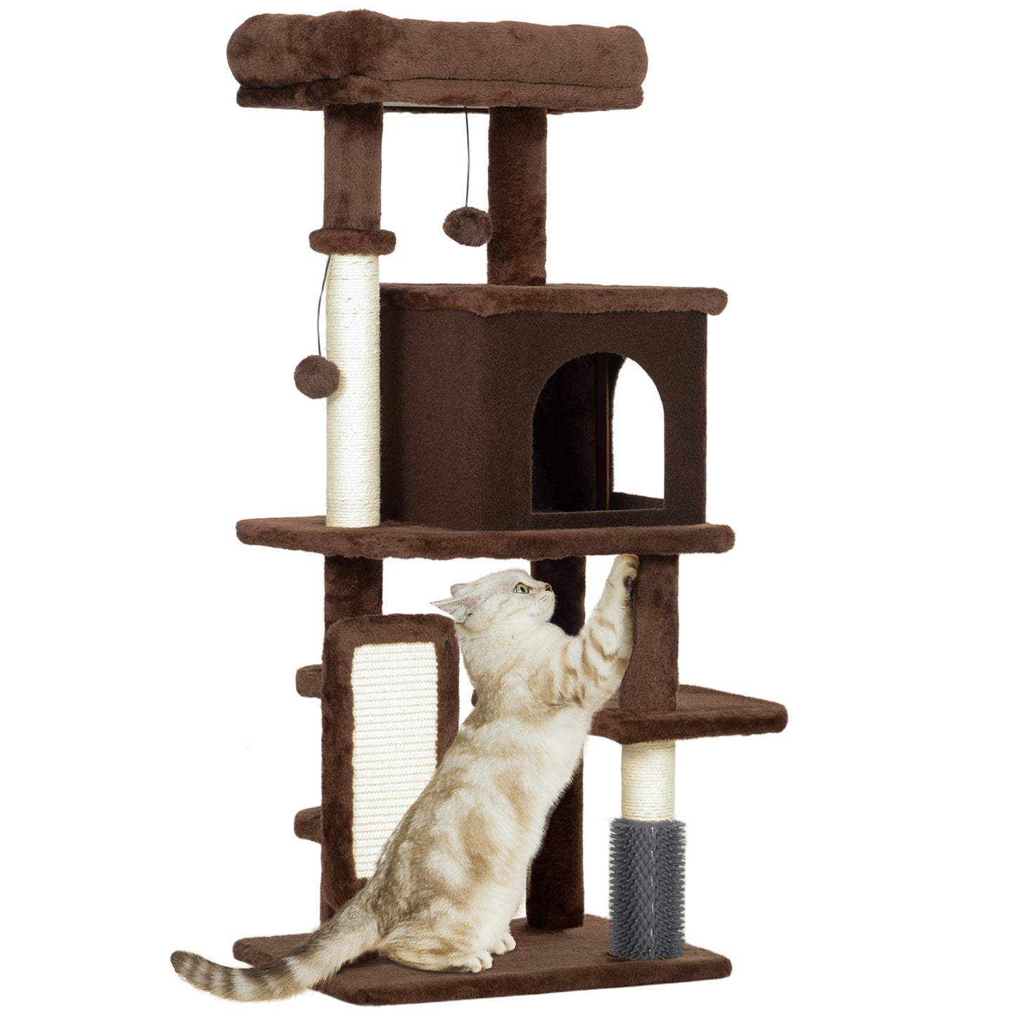 PawHut Árbol Rascador para Gatos Altura 104 cm Árbol para Gatos Torre para Gatos con Plataformas Poste con Cepillo Bolas Colgantes y Almohadilla para Rascar Marrón