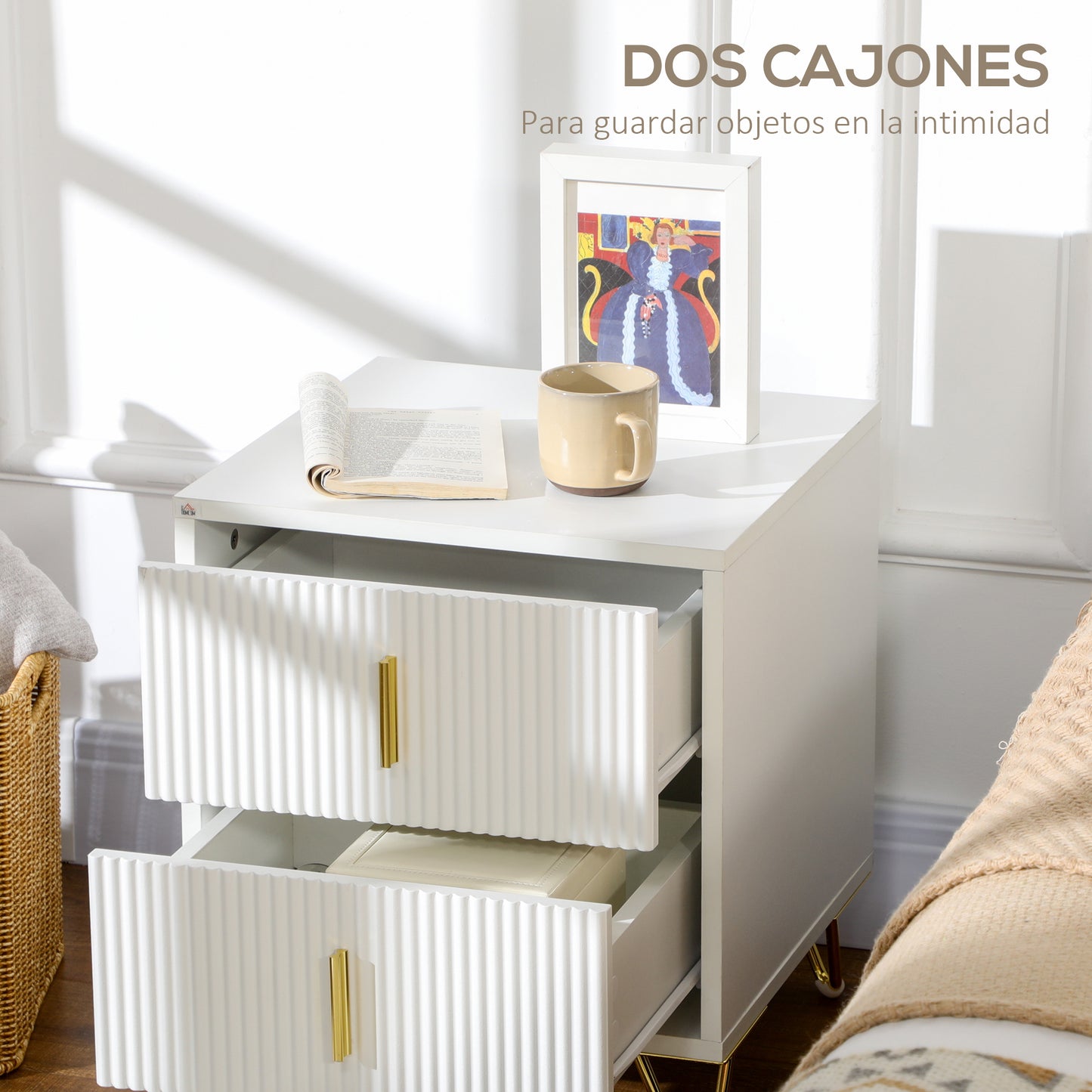 HOMCOM Conjunto de 2 Mesitas de Noche Modernas Mesillas de Noche con 2 Cajones y Patas de Metal Carga 40 kg Mesitas Auxiliares para Salón Dormitorio 40x40x47 cm Blanco