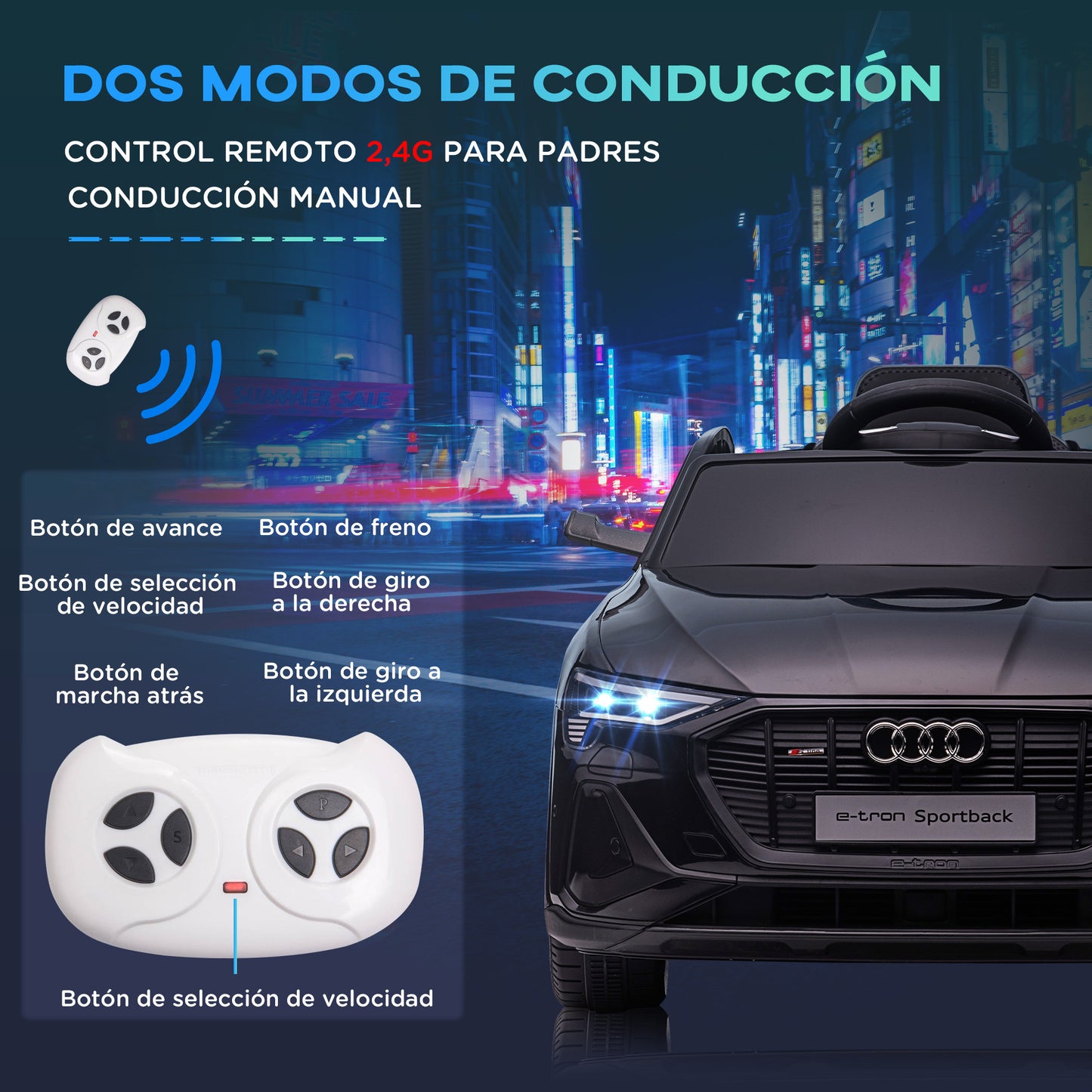 HOMCOM Coche Eléctrico para Niños Audi E-tron Coche de Batería para Niños 12V con Mando a Distancia Faros Bocina Música Velocidad 3-5 km/h Cinturón de Seguridad Negro