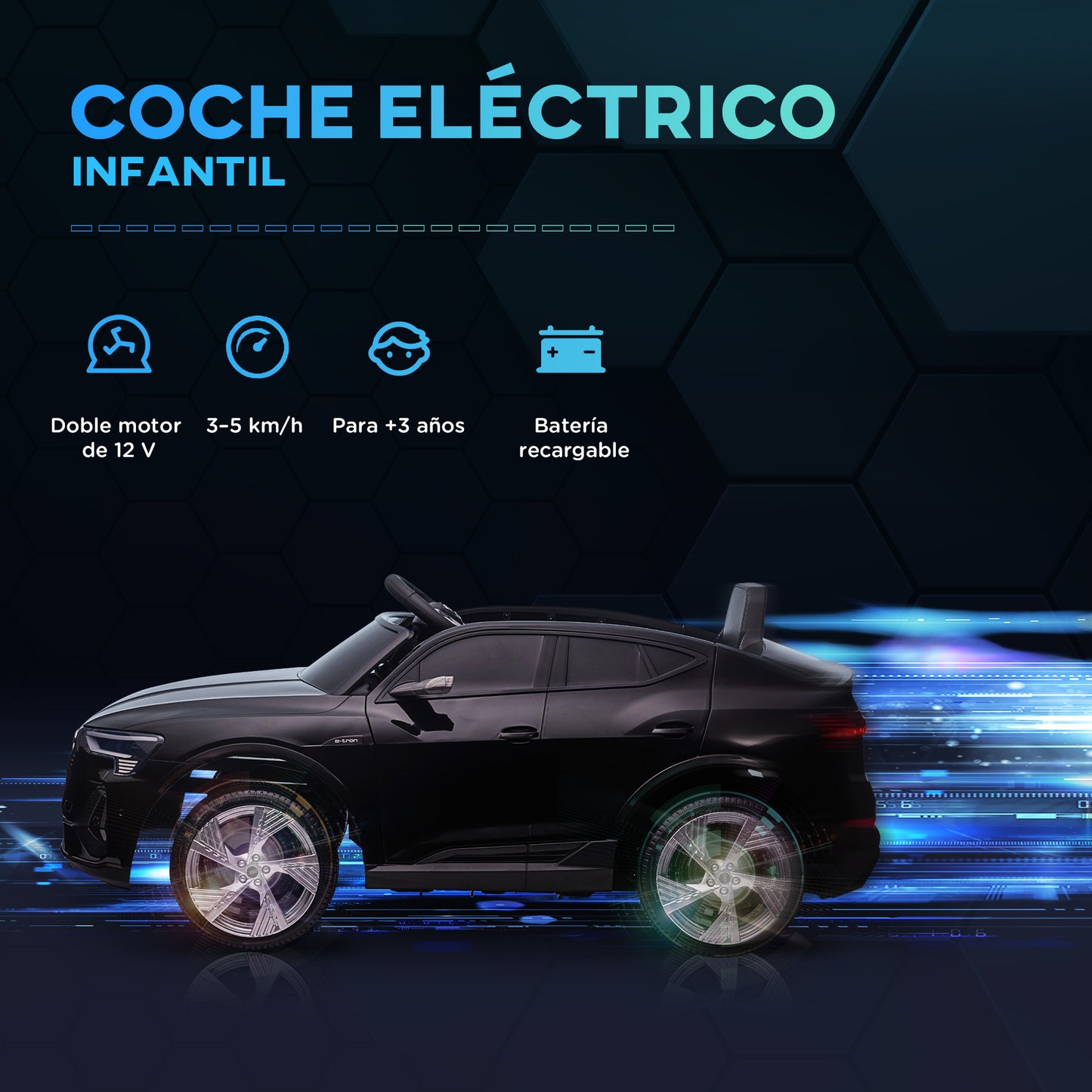 HOMCOM Coche Eléctrico para Niños Audi E-tron Coche de Batería para Niños 12V con Mando a Distancia Faros Bocina Música Velocidad 3-5 km/h Cinturón de Seguridad Negro