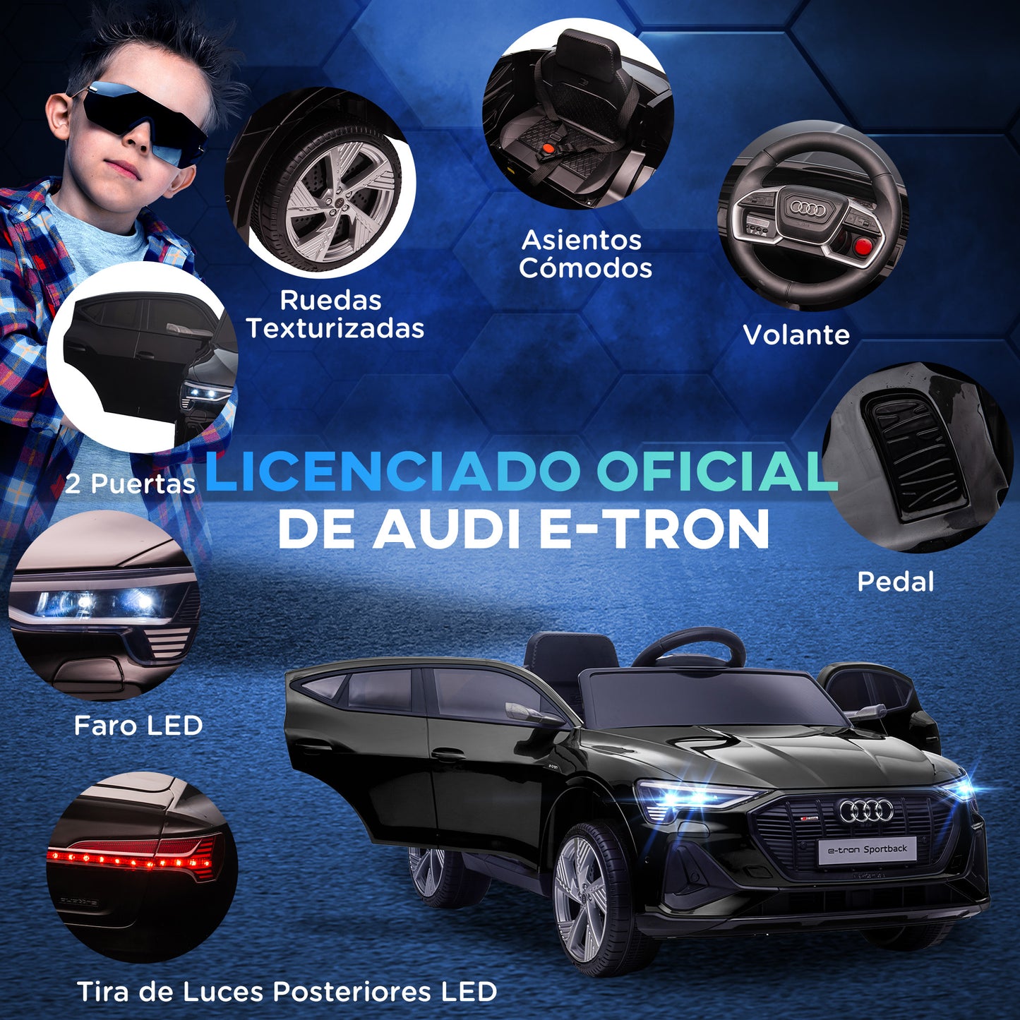 HOMCOM Coche Eléctrico para Niños Audi E-tron Coche de Batería para Niños 12V con Mando a Distancia Faros Bocina Música Velocidad 3-5 km/h Cinturón de Seguridad Negro