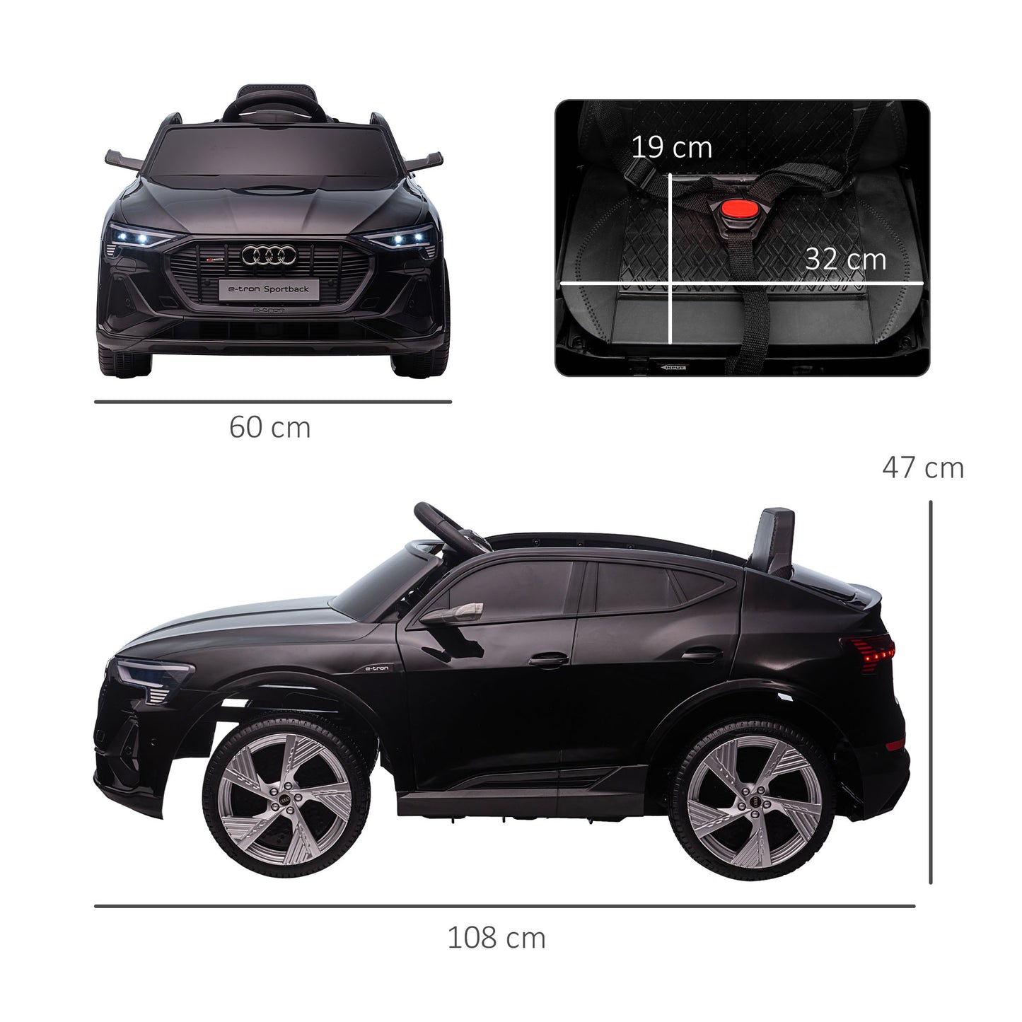 HOMCOM Coche Eléctrico para Niños Audi E-tron Coche de Batería para Niños 12V con Mando a Distancia Faros Bocina Música Velocidad 3-5 km/h Cinturón de Seguridad Negro