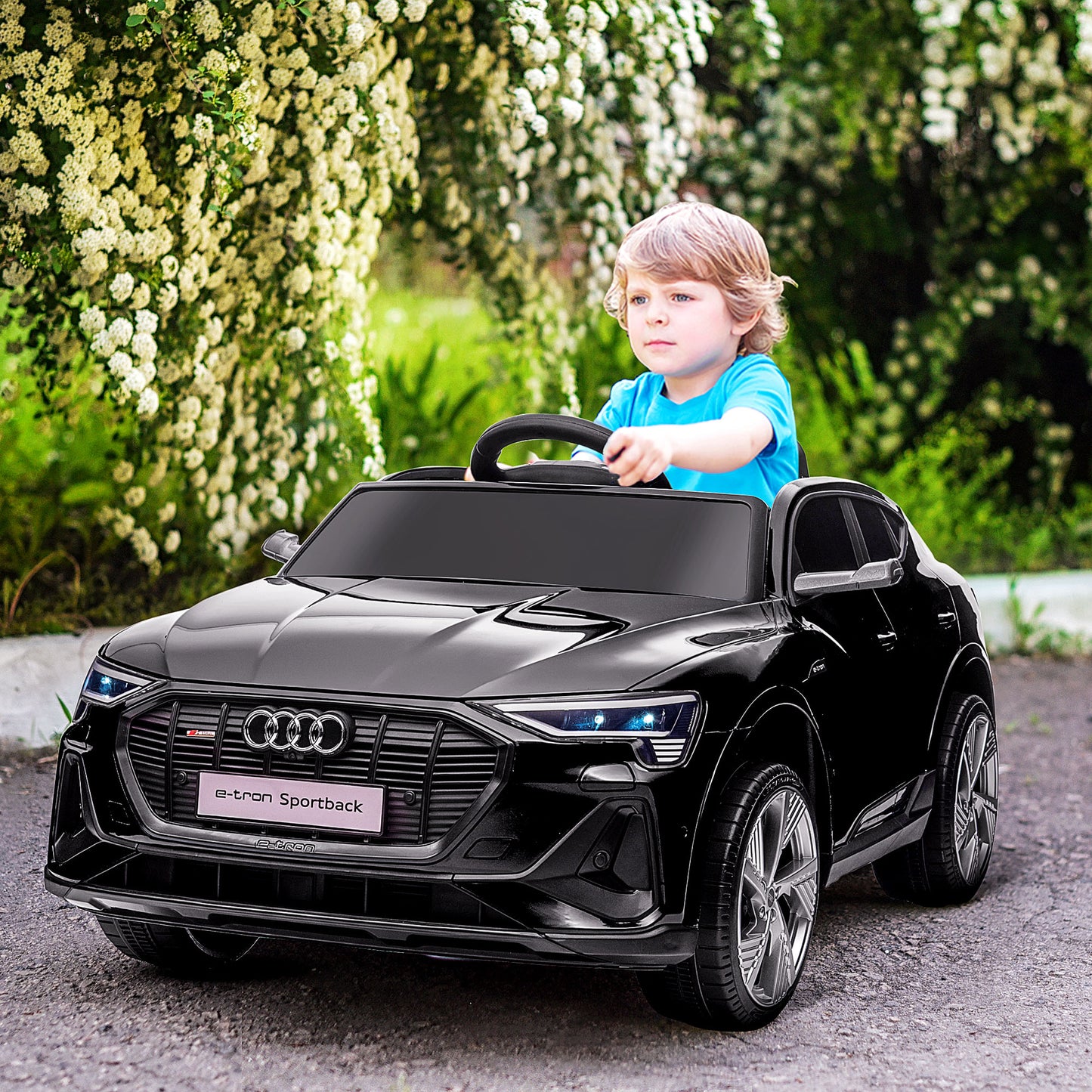 HOMCOM Coche Eléctrico para Niños Audi E-tron Coche de Batería para Niños 12V con Mando a Distancia Faros Bocina Música Velocidad 3-5 km/h Cinturón de Seguridad Negro