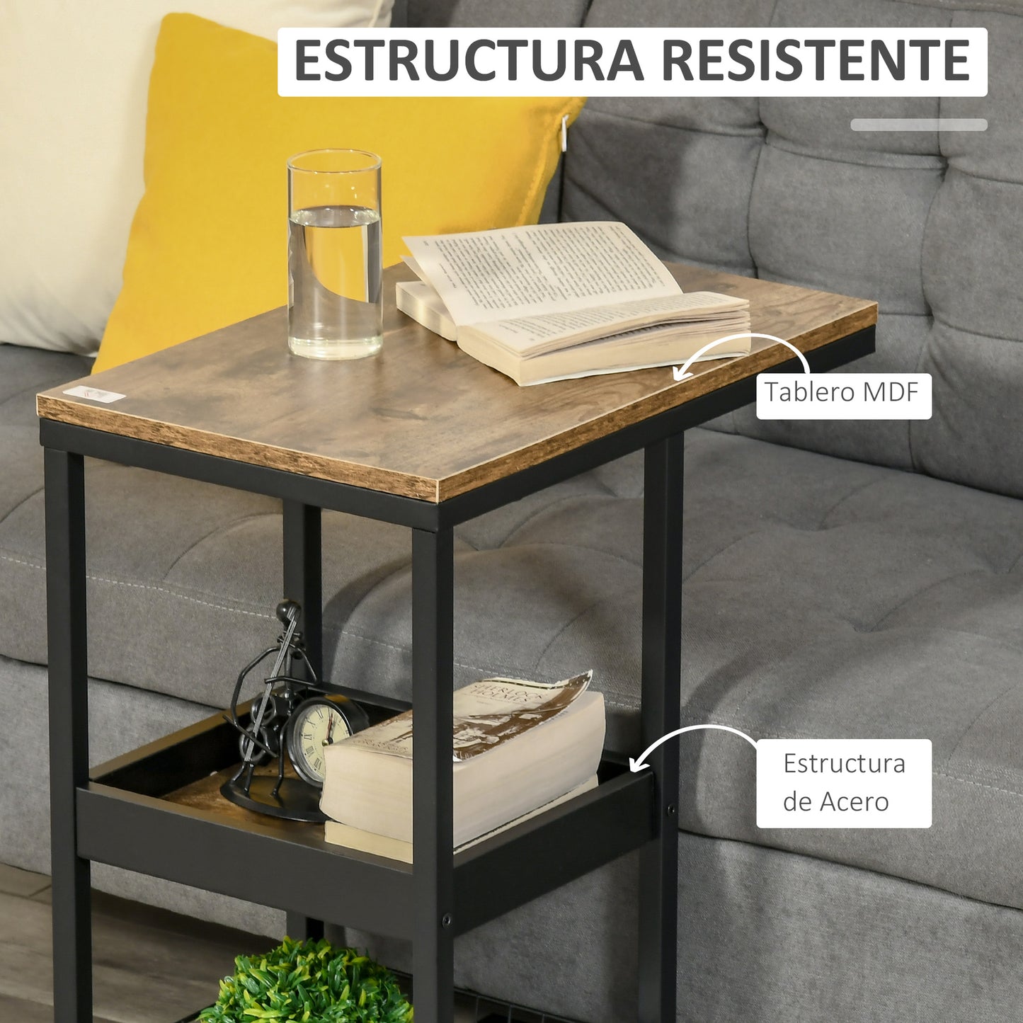 HOMCOM Mesita Auxiliar Industrial Mesa Auxiliar en Forma de C con Ruedas Estantes Abiertos y Marco de Acero para Salón Dormitorio 51x33x66 cm Marrón Oscuro