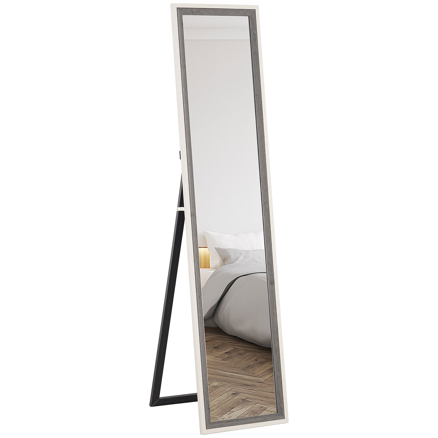 HOMCOM Espejo de Cuerpo Entero 157x37 cm Espejo de Pie o de Pared con Marco de MDF y Soporte para Salón Dormitorio Blanco y Gris