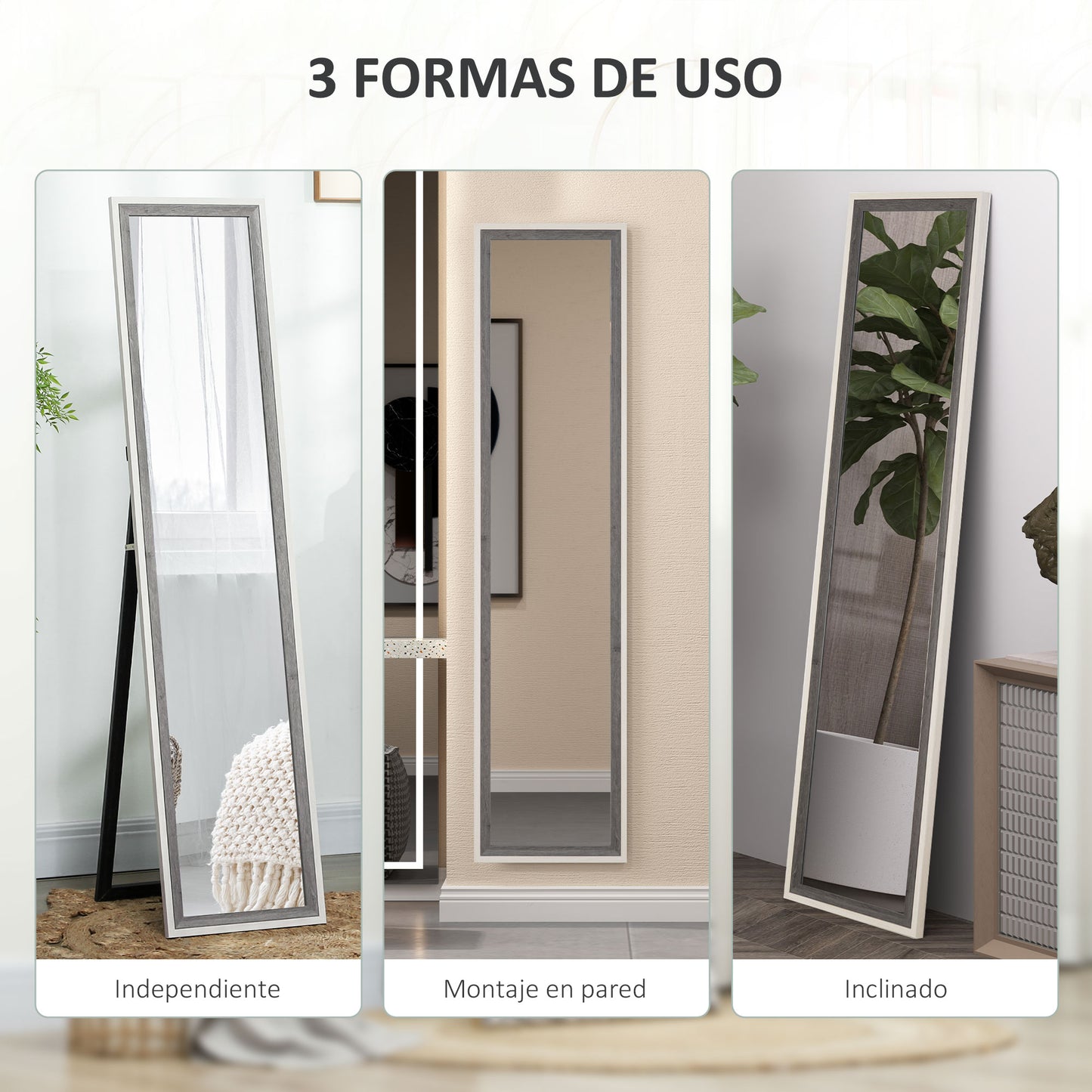 HOMCOM Espejo de Cuerpo Entero 157x37 cm Espejo de Pie o de Pared con Marco de MDF y Soporte para Salón Dormitorio Blanco y Gris