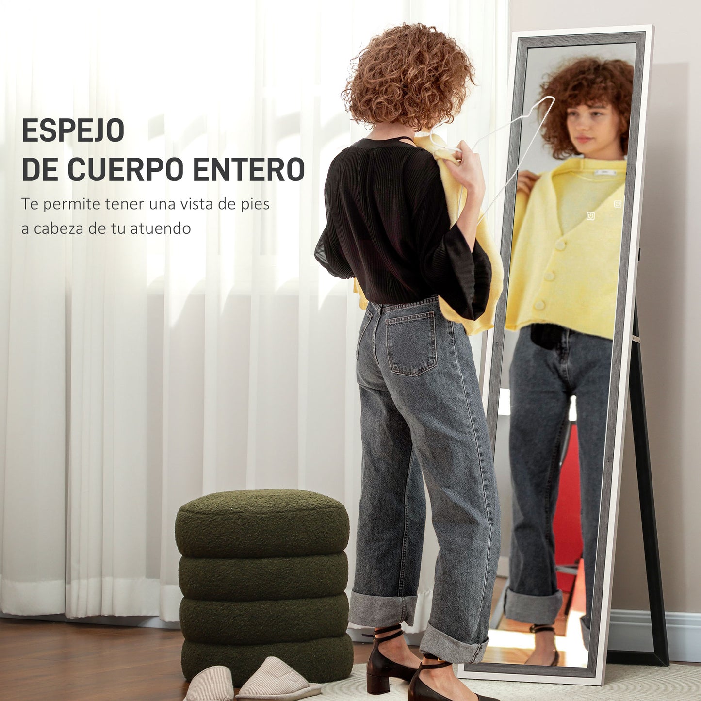 HOMCOM Espejo de Cuerpo Entero 157x37 cm Espejo de Pie o de Pared con Marco de MDF y Soporte para Salón Dormitorio Blanco y Gris