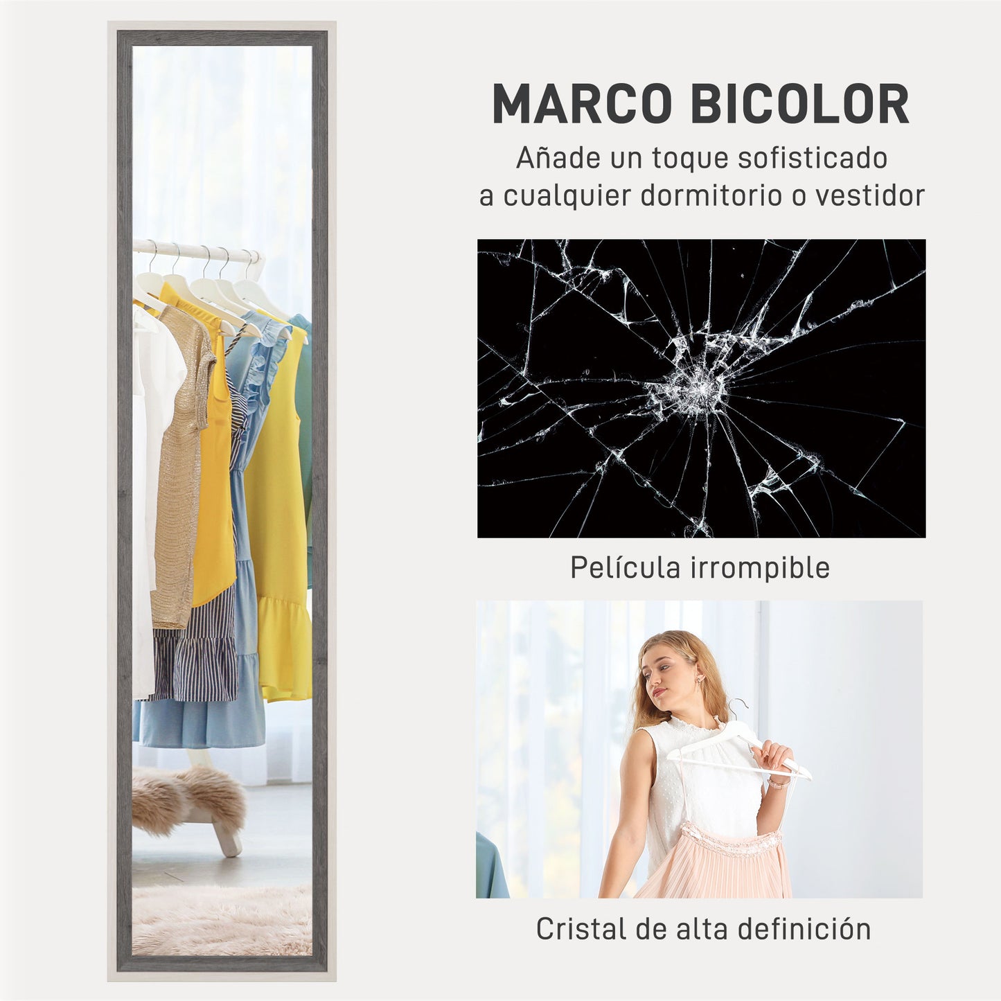 HOMCOM Espejo de Cuerpo Entero 157x37 cm Espejo de Pie o de Pared con Marco de MDF y Soporte para Salón Dormitorio Blanco y Gris