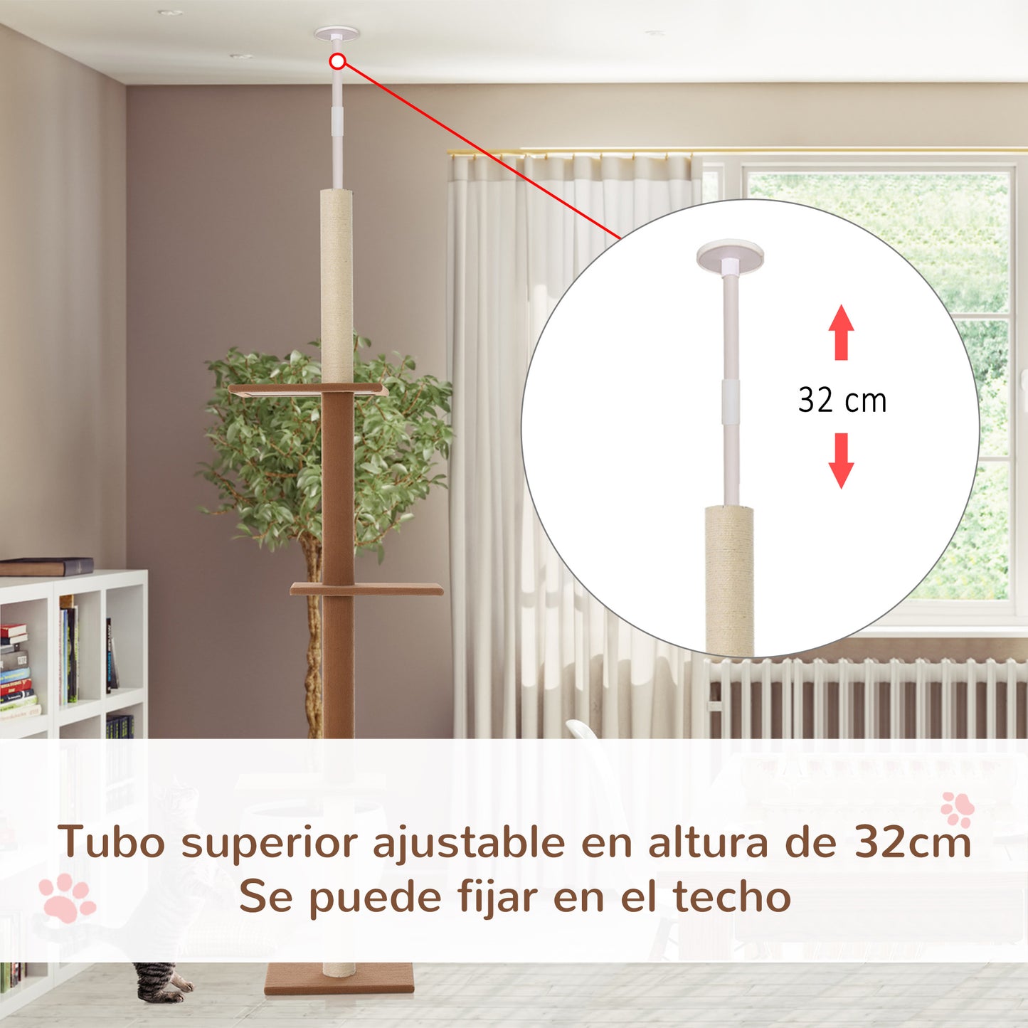 PawHut Árbol para Gatos Rascador 43x27x228-260 cm de Suelo a Techo para Gatos Ajustable en Altura con 4 Plataformas Espaciosas Poste de Sisal Natural Marrón