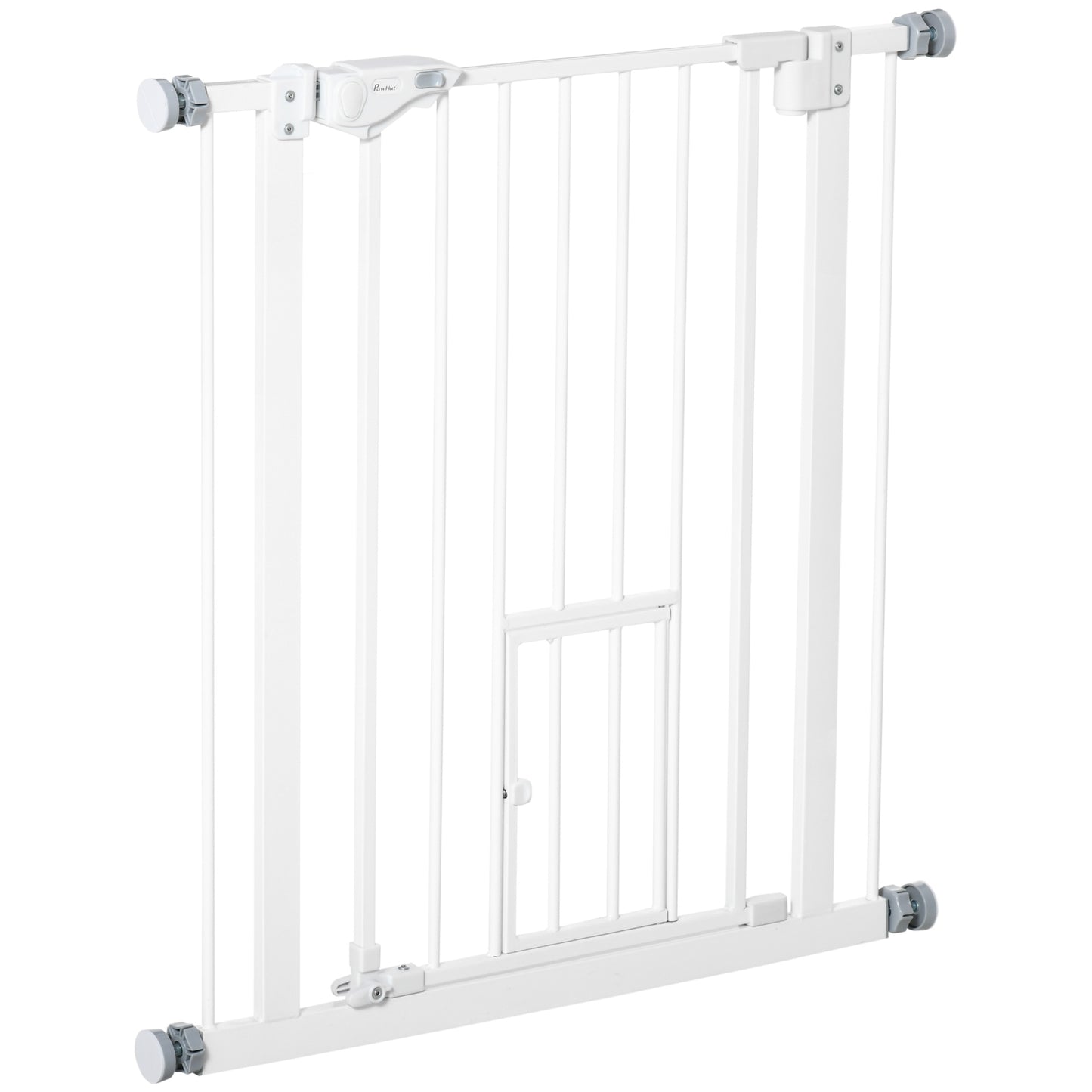 PawHut Barrera de Seguridad para Perros Barrera para Mascotas Extensible con Puerta Pequeño Cierre Automático y Sistema de Doble Bloqueo para Puerta Pasillo Escalera 74-80x76,2 cm Blanco