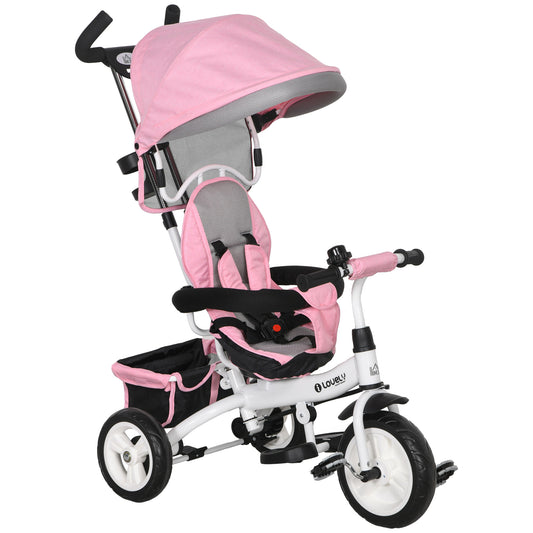 HOMCOM Triciclo para Bebés Triciclo Evolutivo para Niños con Toldo Plegable Mango de Empuje Telescópico y Desmontable Cinturón de Seguridad y Cesto 95x50x106 cm Rosa