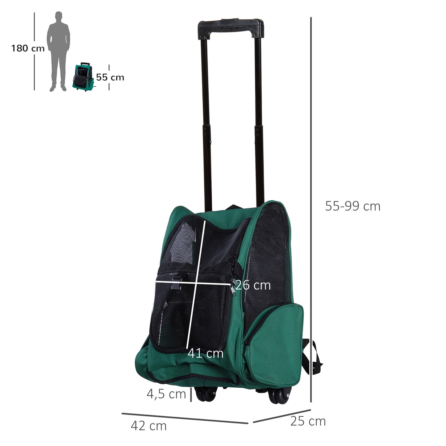 PawHut Transportín 2 en 1 para Mascotas Mochila o Carrito de Viaje para Perro y Gato con 2 Ruedas con Asa retráctil de Aluminio y Bolsillos 42x25x55 cm Verde