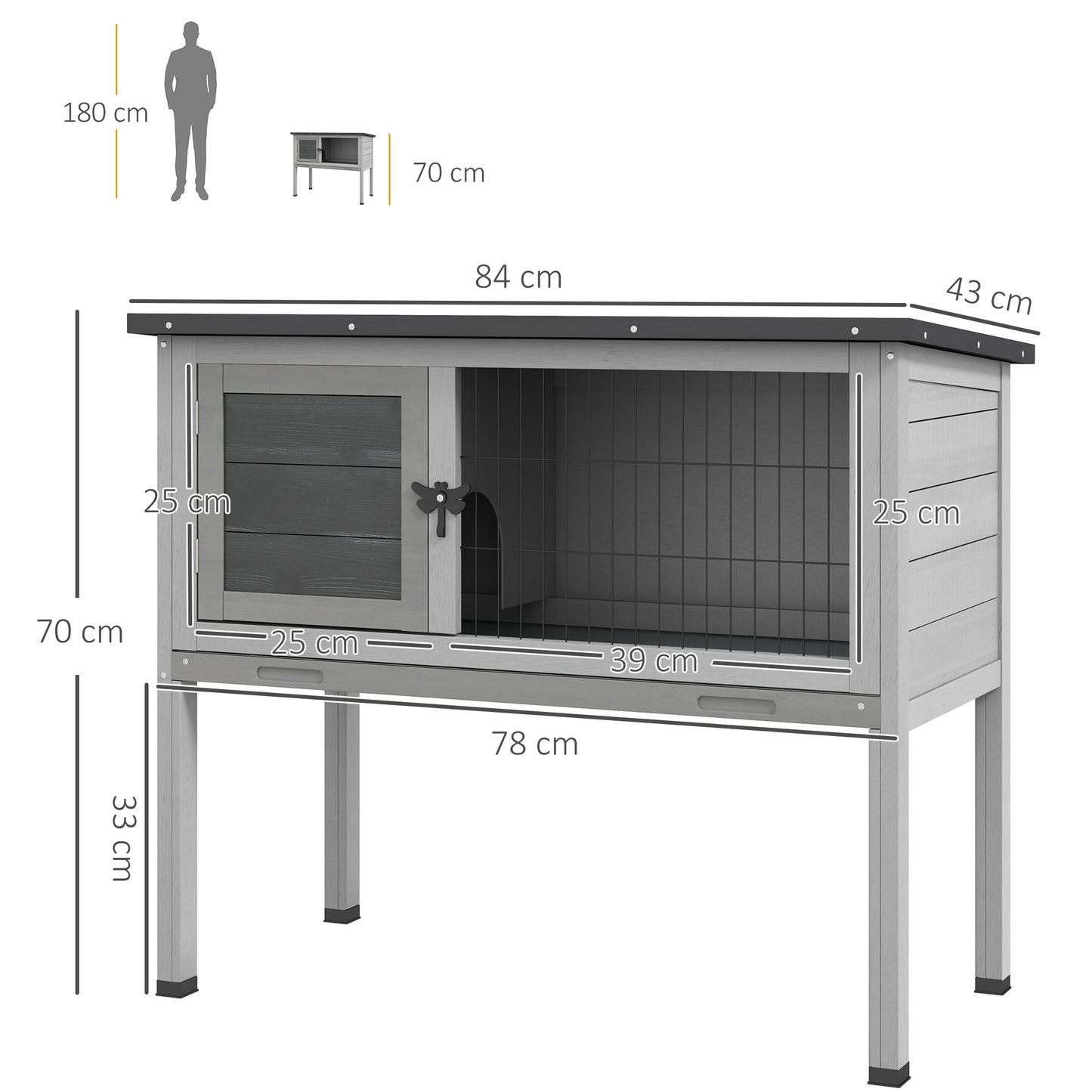 PawHut Conejera de Madera Caseta Exterior Refugio para Mascotas Pequeñas Conejos Cobayas con Bandeja Extraíble y Techo Asfáltico 84x43x70 cm Gris y Negro