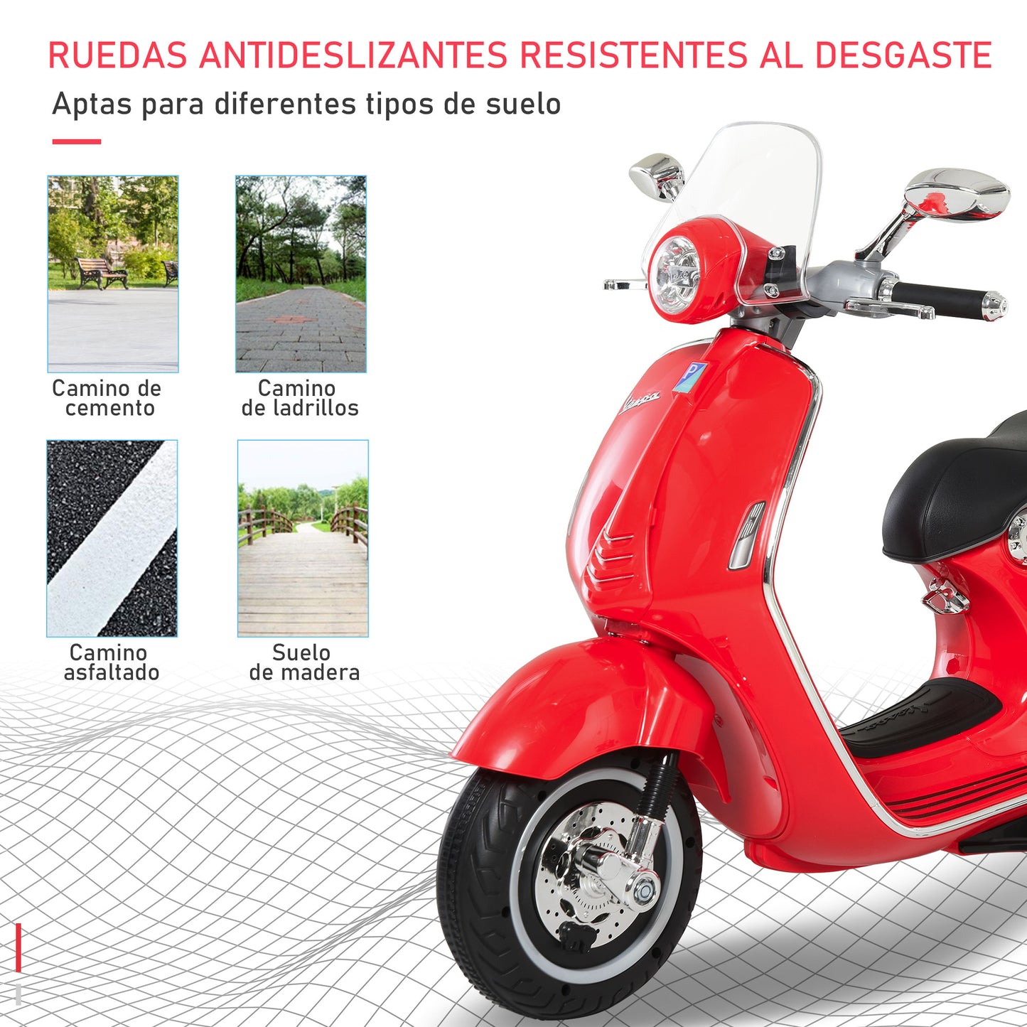 HOMCOM Moto Eléctrica para Niños de 3-6 Años Moto de Batería Autorizada de VESPA con Faros Música 2 Ruedas Auxiliares 108x49x75 cm Rojo