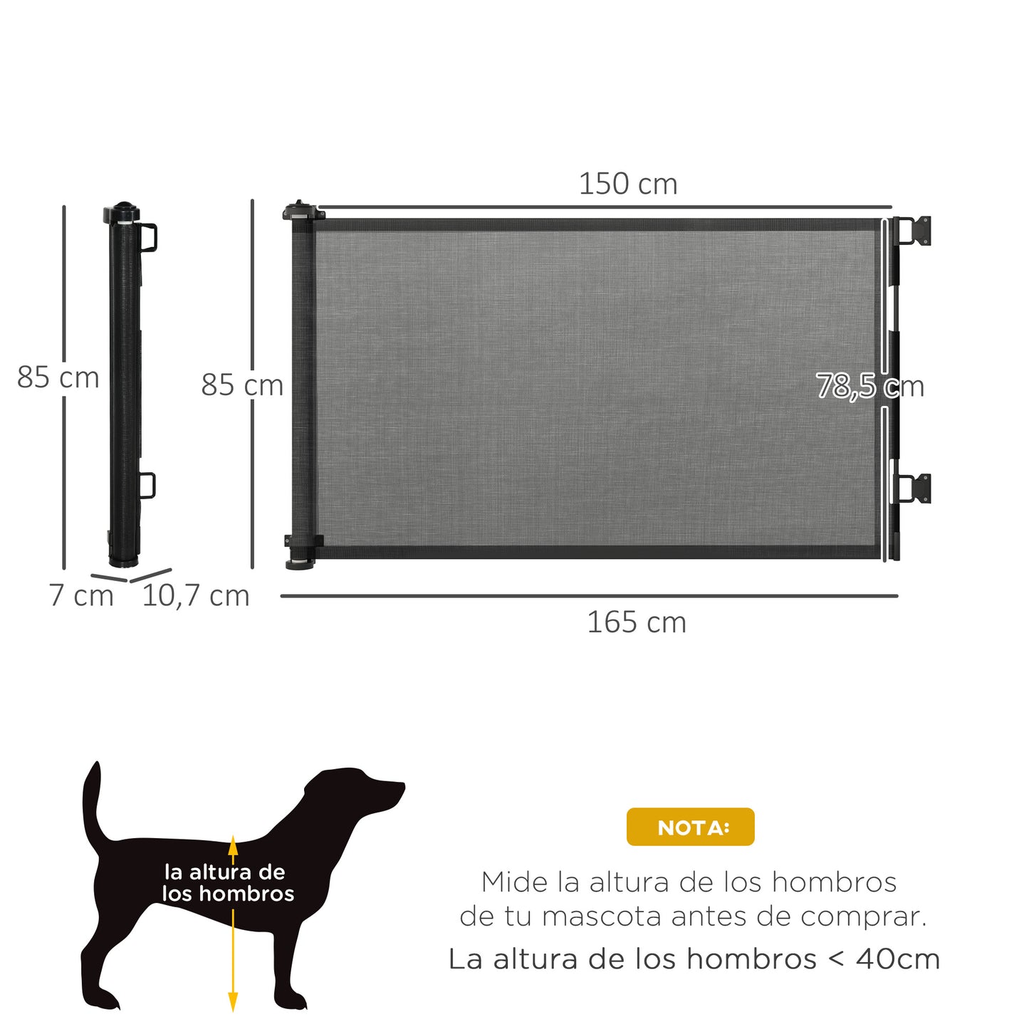 PawHut Puerta de Seguridad para Perros y Gatos Extensible 0-150 cm Puerta Retráctil para Mascotas Barrera para Escaleras y Pasillos Aleación de Aluminio 165x10,7x85 cm Negro