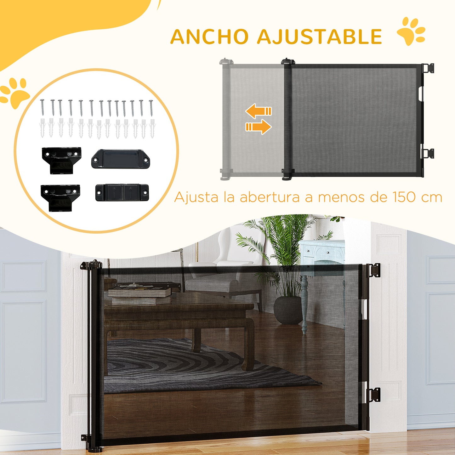 PawHut Puerta de Seguridad para Perros y Gatos Extensible 0-150 cm Puerta Retráctil para Mascotas Barrera para Escaleras y Pasillos Aleación de Aluminio 165x10,7x85 cm Negro