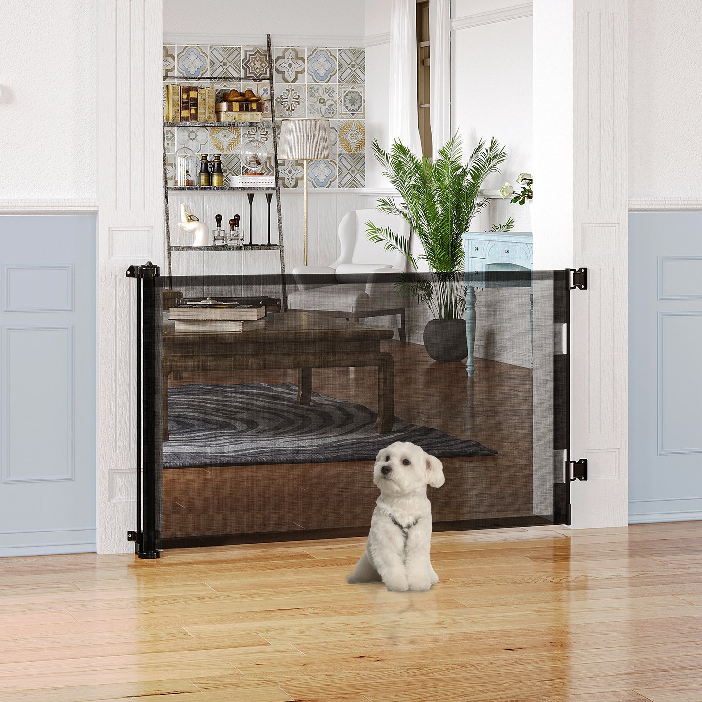 PawHut Puerta de Seguridad para Perros y Gatos Extensible 0-150 cm Puerta Retráctil para Mascotas Barrera para Escaleras y Pasillos Aleación de Aluminio 165x10,7x85 cm Negro