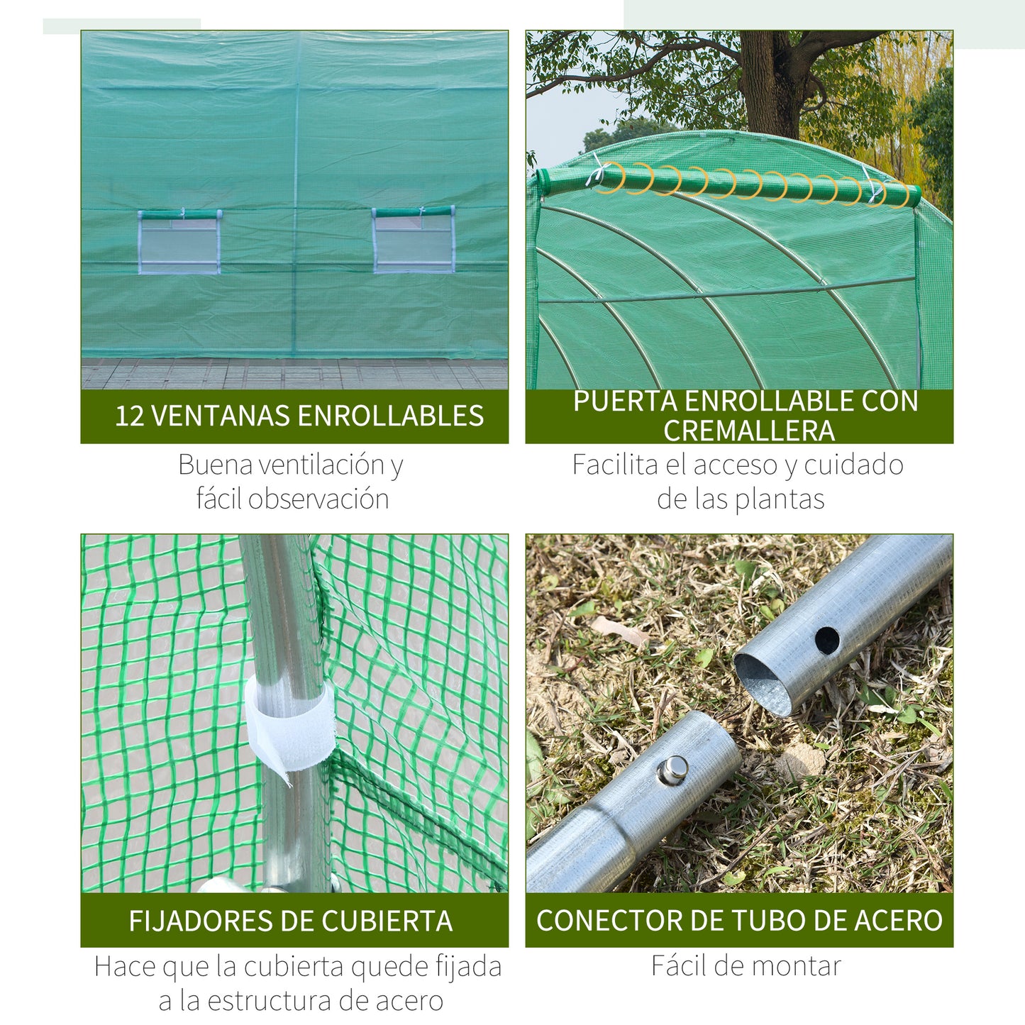 Outsunny Invernadero de Exterior Invernadero de Túnel 8x3x2 m Invernadero de Jardín con 12 Ventanas y Puerta Enrollable para Cultivo Plantas Tomates Verduras Acero y PE 140 g/m² Verde