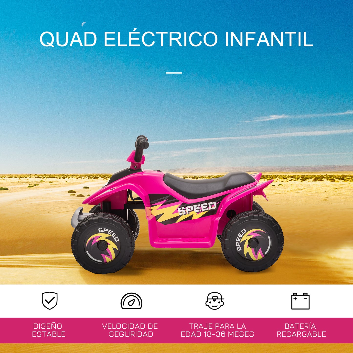 HOMCOM Quad Eléctrico para Niños de 18-36 Meses Vehículo Eléctrico Cuatrimoto a Batería 6V con Avance y Retroceso Carga Máx. 20 kg 72x40x45,5 cm Rosa