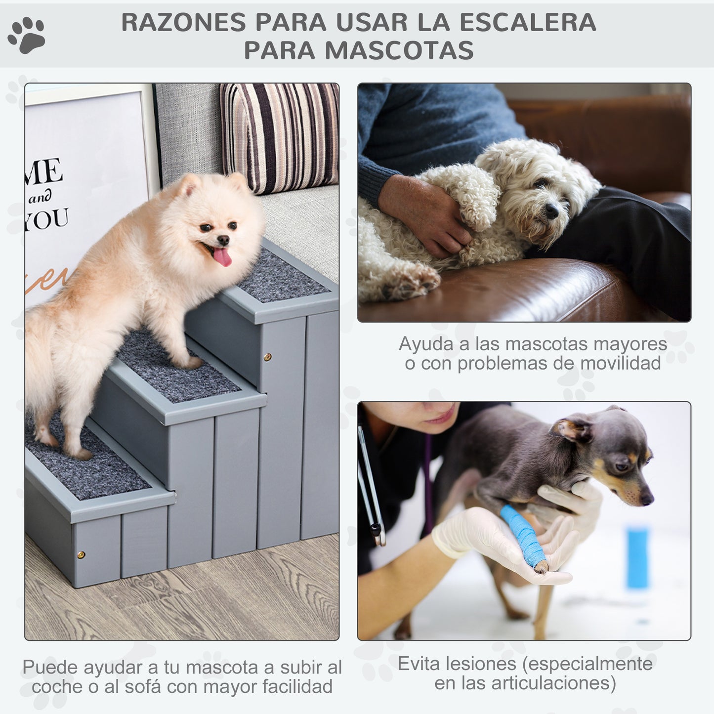 PawHut Escalera para Mascotas 3 Peldaños con Espacio de Almacenaje y Alfombra Antideslizantes Portátil Madera para Vehículo Carga 30 kg 40,5x44,5x38 cm Gris