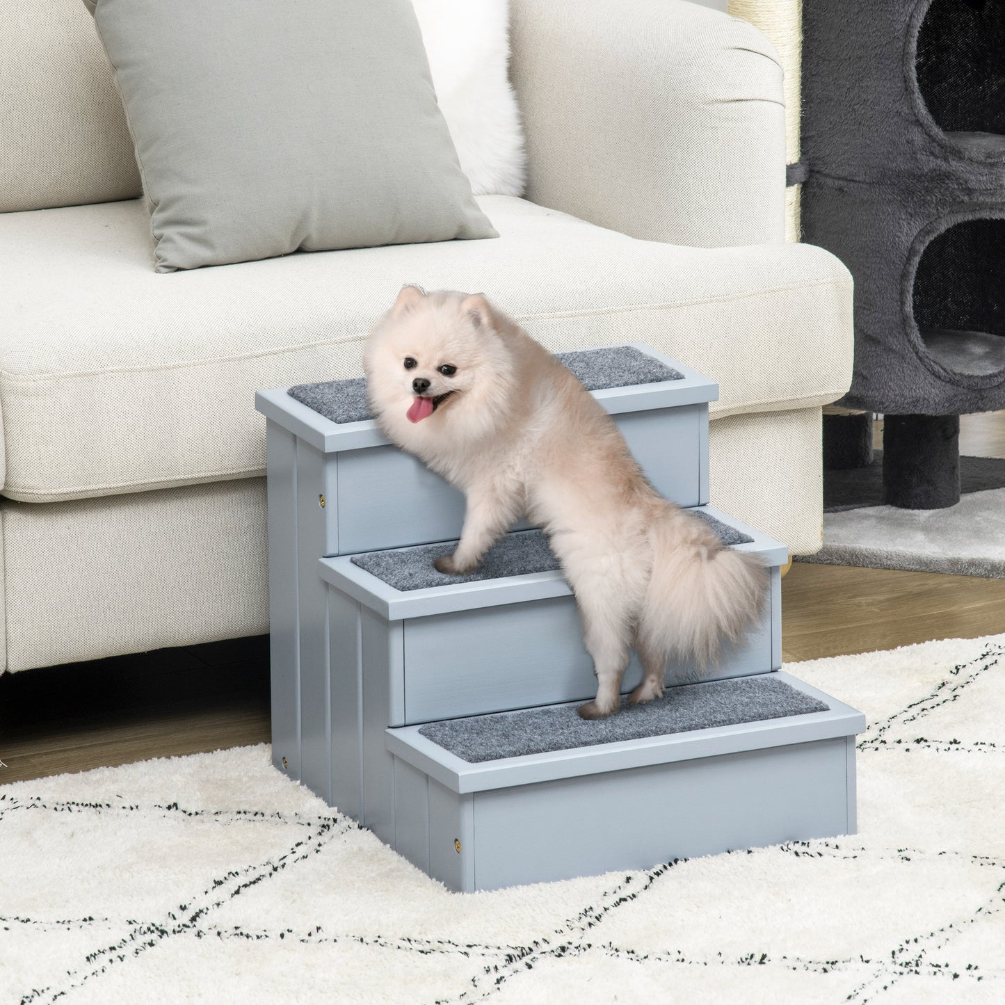 PawHut Escalera para Mascotas 3 Peldaños con Espacio de Almacenaje y Alfombra Antideslizantes Portátil Madera para Vehículo Carga 30 kg 40,5x44,5x38 cm Gris