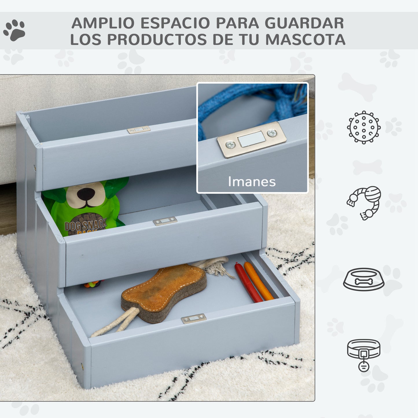 PawHut Escalera para Mascotas 3 Peldaños con Espacio de Almacenaje y Alfombra Antideslizantes Portátil Madera para Vehículo Carga 30 kg 40,5x44,5x38 cm Gris