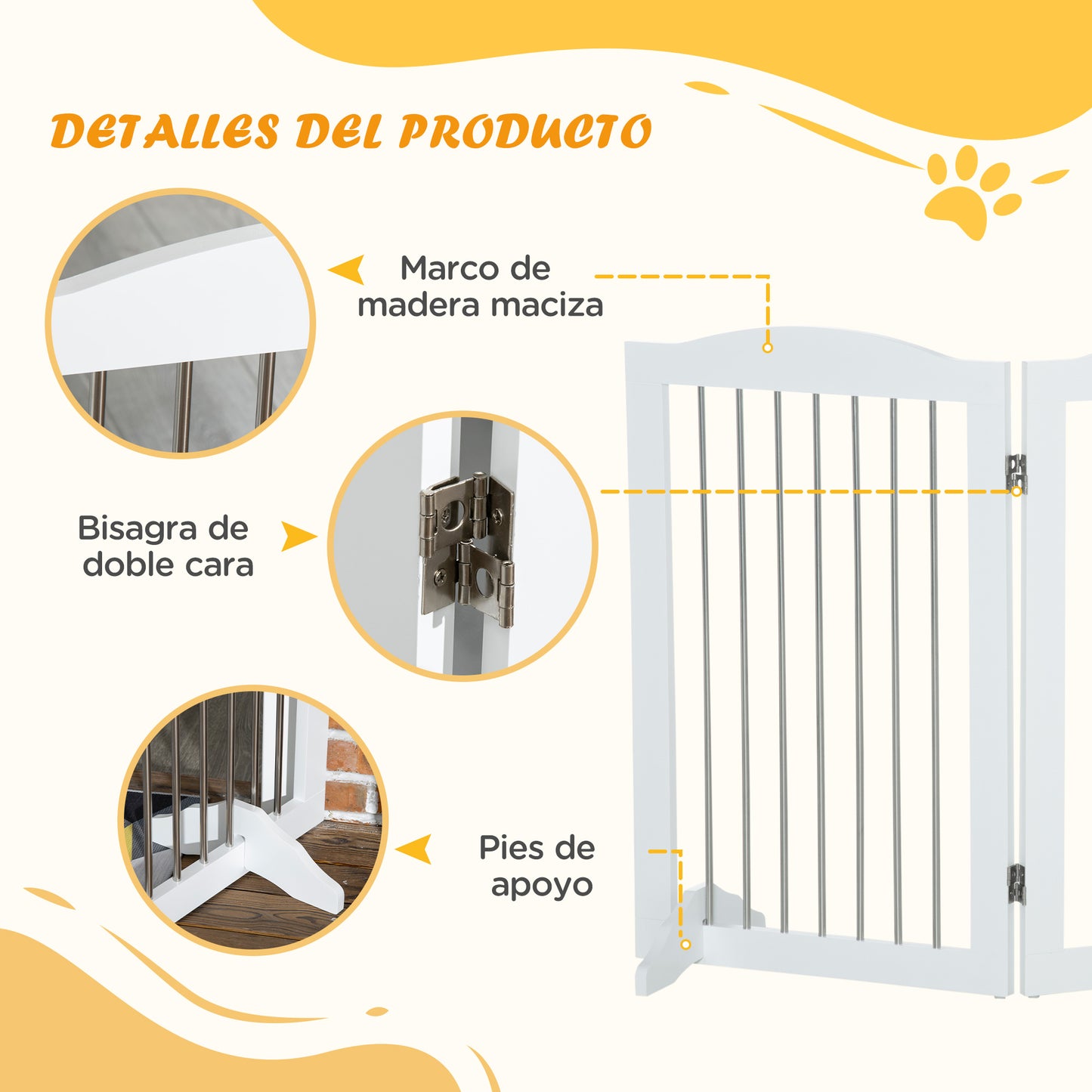 PawHut Barrera de Seguridad para Perros para Escaleras y Puertas 154x30x80 cm Valla para Perros Plegable con Soporte de Pie para Uso Interiores Blanco