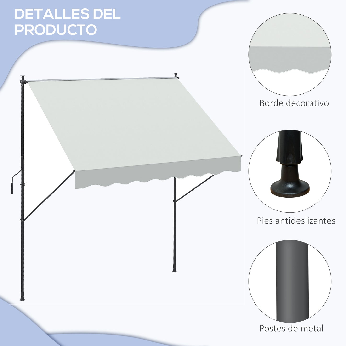 Outsunny Toldo Manual Retráctil Toldo para Balcón con Altura Ajustable Manivela y Protección Solar para Terraza Jardín Crema