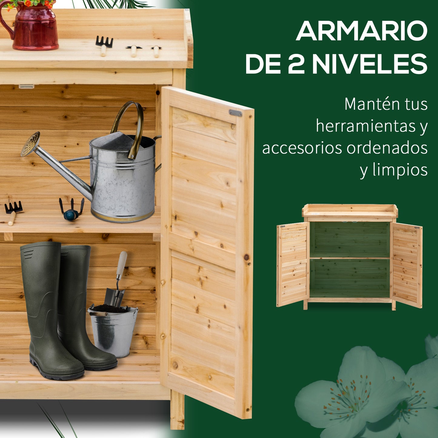 Outsunny Armario de Jardín de Madera Cobertizo Exterior Cobertizo para Almacenaje con 2 Puertas Estante y Patas Elevadas para Terraza Patio 83x40x92 cm Natural