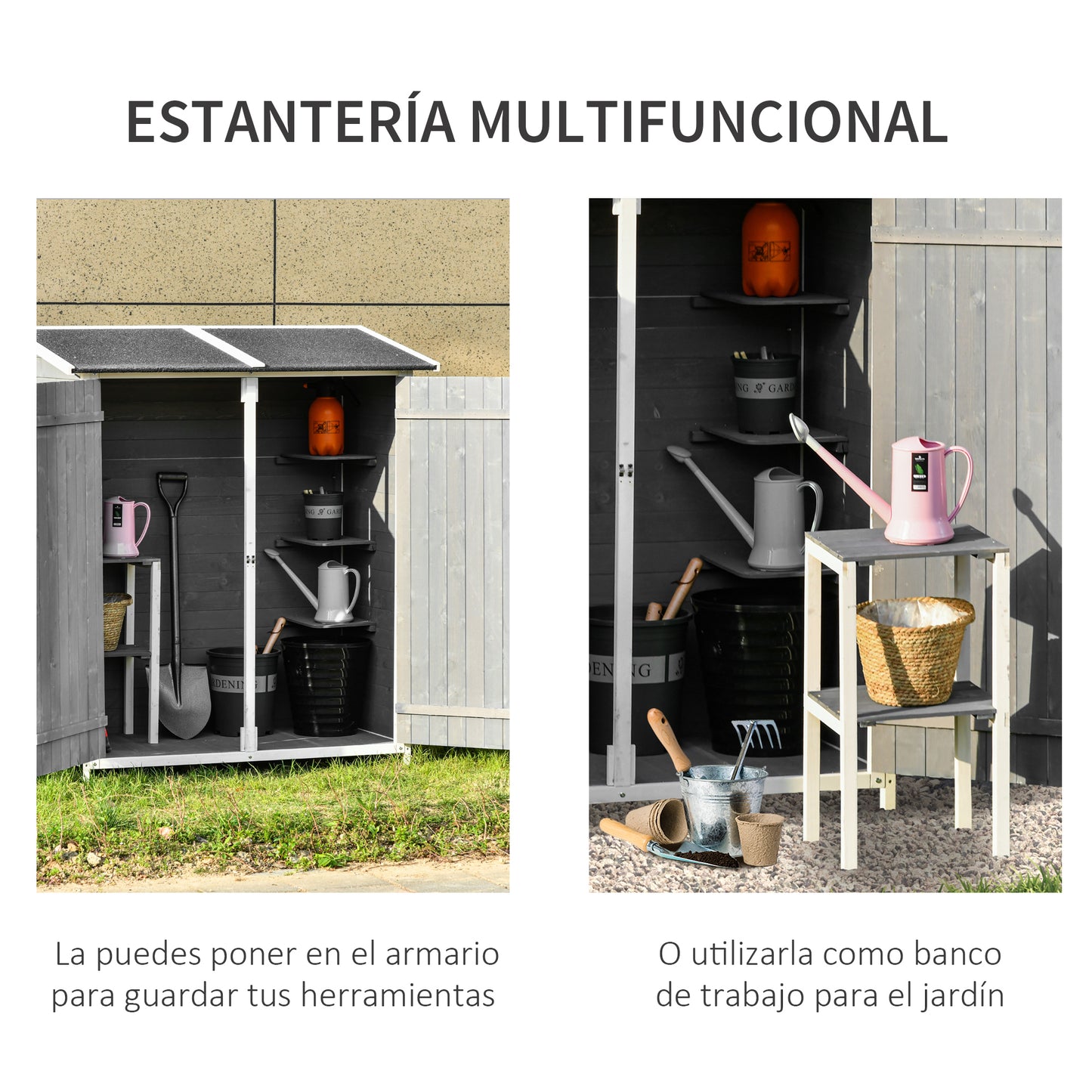 Outsunny Caseta de Jardín de Madera 139x75x160 cm Cobertizo para Almacenaje de Herramientas con Estantería Movible Puertas con Cerrojo Techo Asfáltico Gris